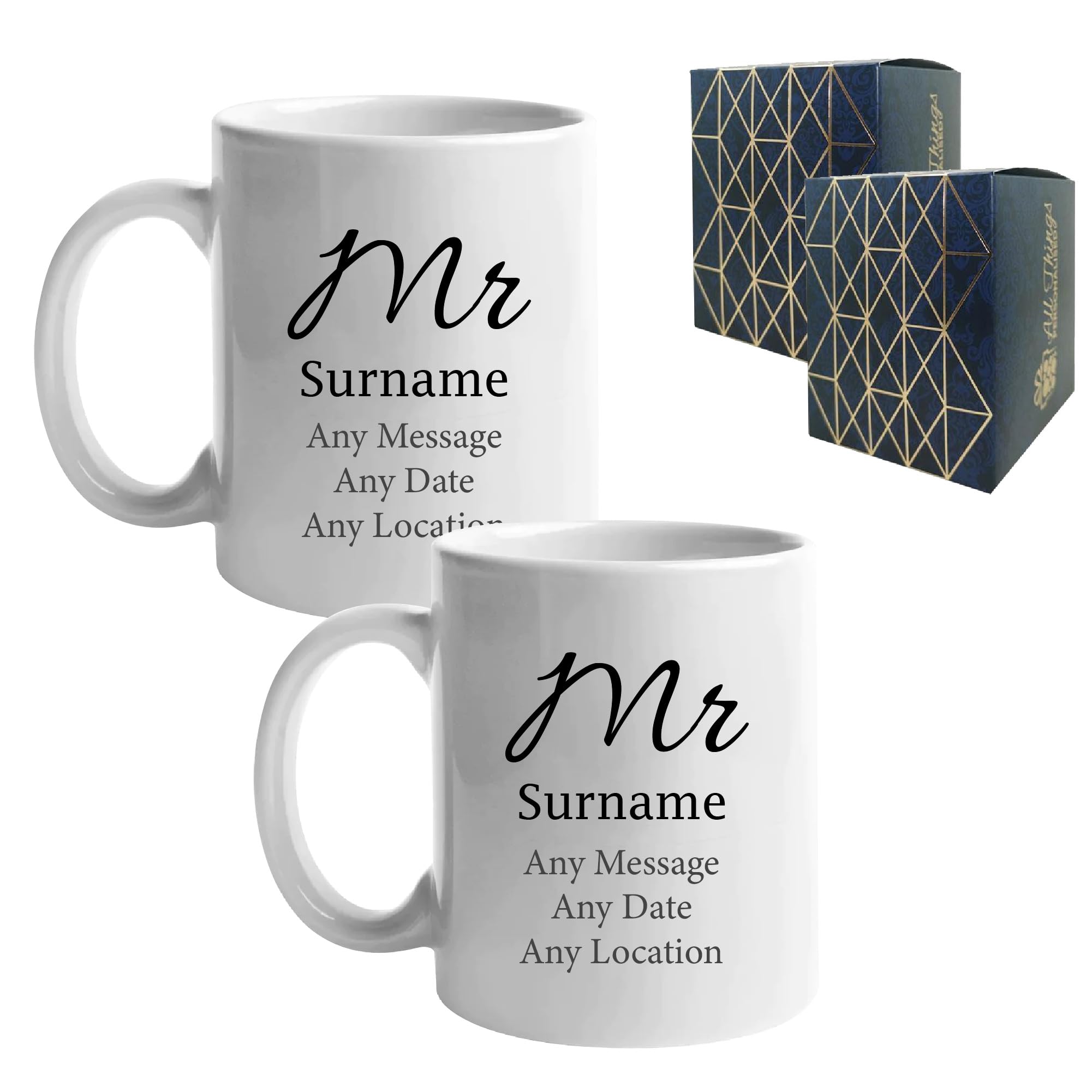 Juego de tazas personalizables con texto en inglés "Mr and Sr", para boda gay con cualquier mensaje y apellido, regalo de aniversario, diseño de fuente elegante, caja de regalo, tazas de 312 ml