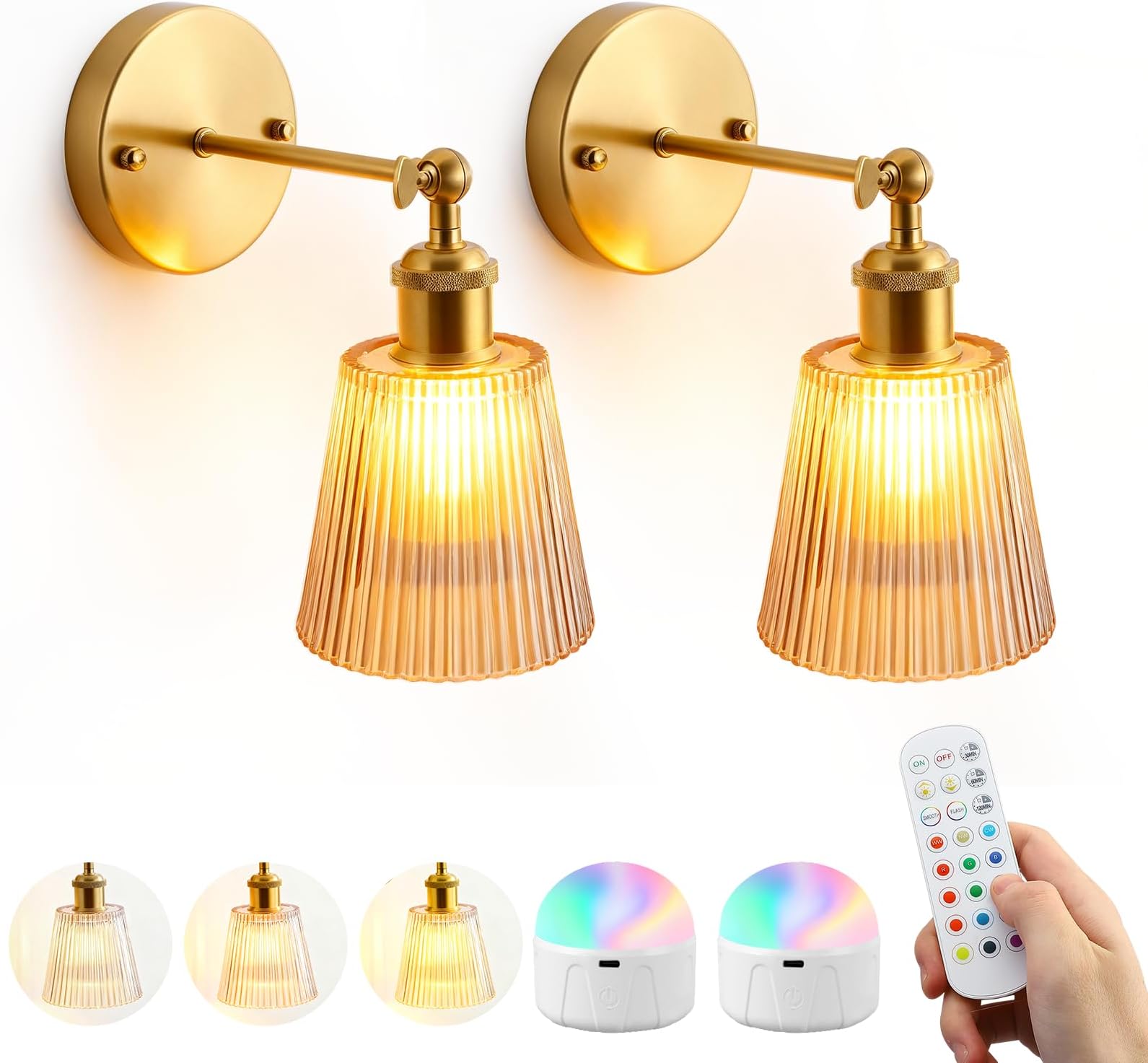 Battery Operated Wall Lights, 1 Pair Wireless LED Rechargeable Bulbs Sconce Light Vintage Wall Sconces with Glass Lampshade and Remote Control Battery Lamp for Bedroom Living Room Bedside