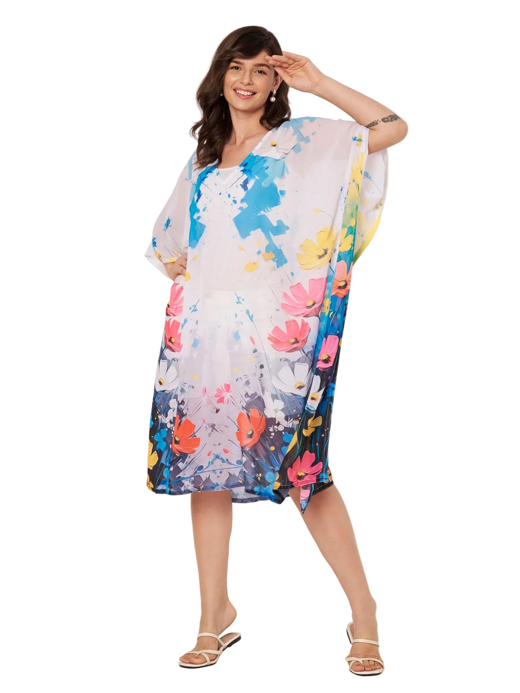 swi with label Women's Printed V-Neck Flared Sleeves Beach Wear Kaftan Dress Digital Print Hidden Adjustable Belt Kaftan Beach Coverup STBW_553-picture-39