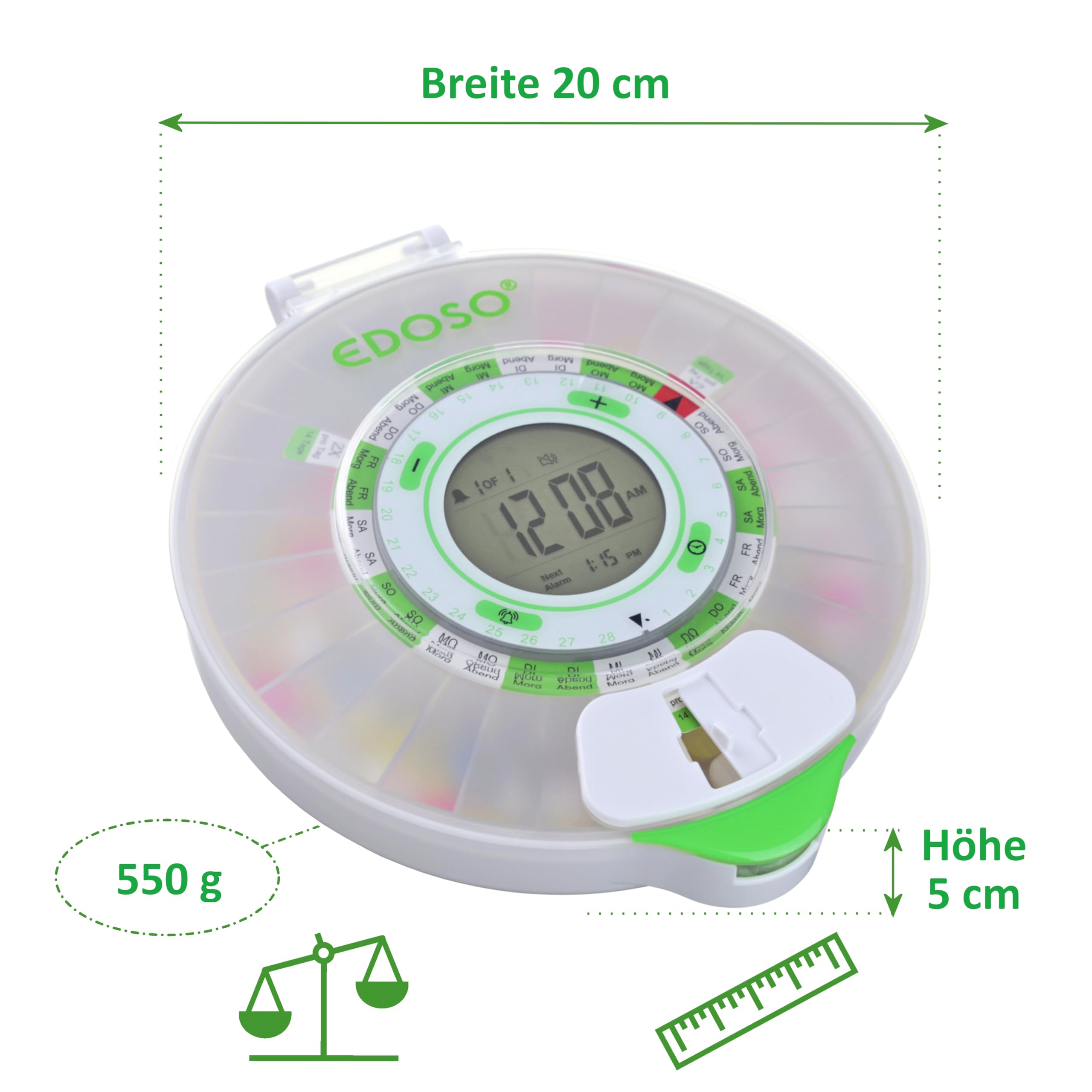 Automatische Box für Medikamente Tabletten Ginkgo Biloba Ergänzungsmittel | Bei Vergesslichkeit im Alter oder leichter Demenz | 9 Alarme | Großes Display | Deutsche Ringe (Matt)