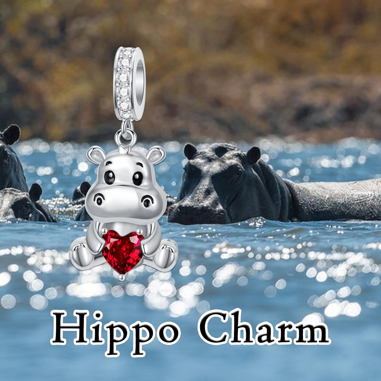 PROESS 925 Sterling Silver Hippo Charm 12 Months Birthstone Hippopotamus Charm for Hippo Bracelets Hippo Bead Hippo Jewelry for Women Hippo Lovers
