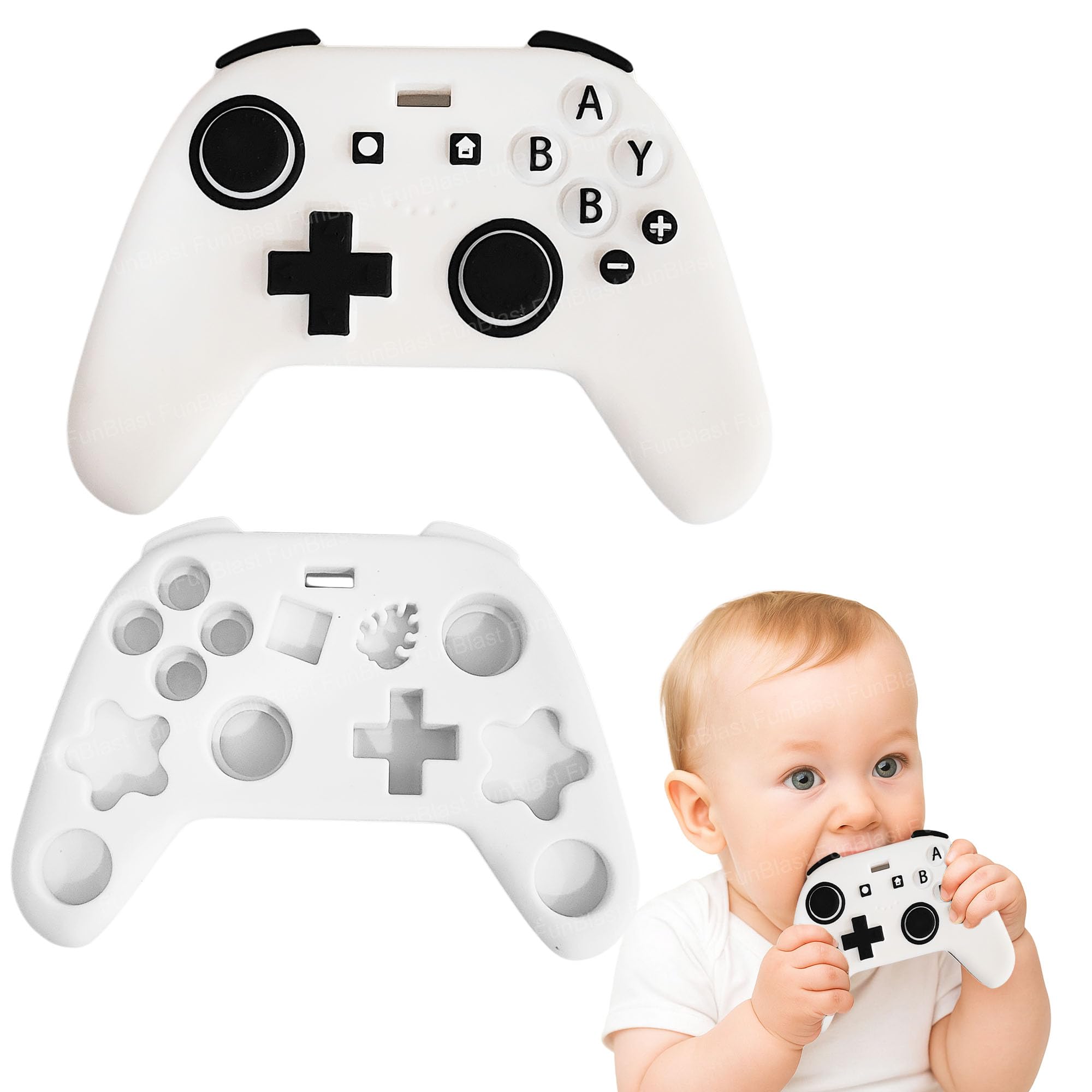 FunBlast Gaming Remote Silicone Baby Teether for 3+ Months – Soft Food Grade Teething Toy for Infants, Soothes Gums & Promotes Biting Skills, Color & Shape Learning Teether for Babies (White)-image-14