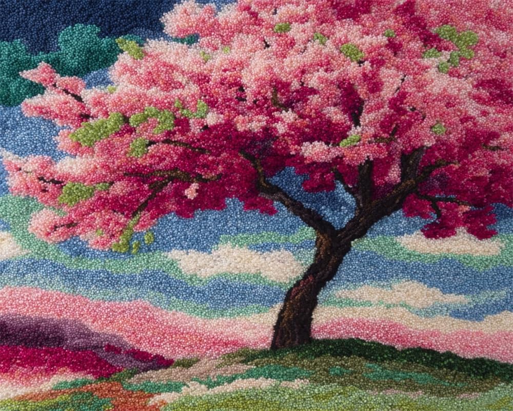 Kitquiver Latch Hook Kits for Adults Rug Cherry Blossom Tree Crafts Crochet Yarn with Pre-Printed DIY Handmade Embroidery Needlework for Home Decoration 15X20In