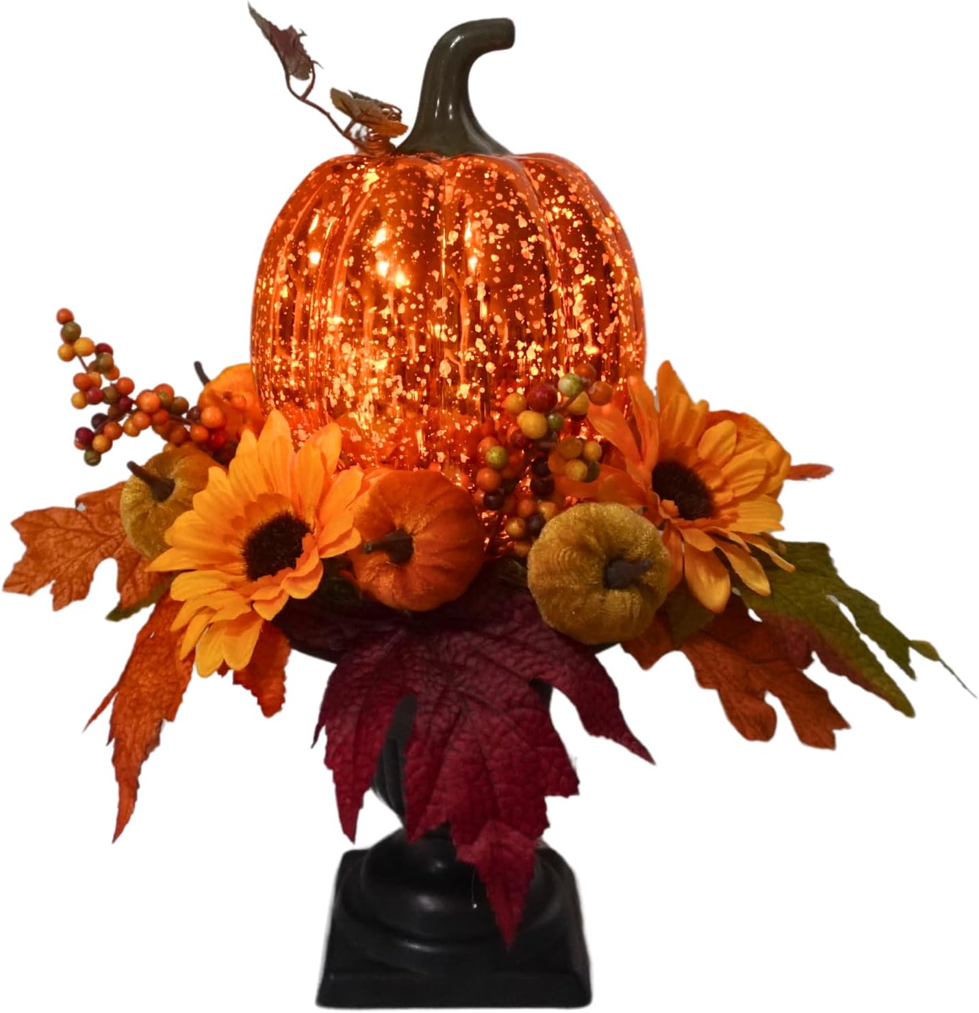 15 Inch Lighted Pumpkin Fall Table Decoration Indoor Outdoor Table Centerpieces,Artificial Pumpkin with Maple Leaves Berries and LED Lights for Fall Table Centerpieces Thanksgiving Decor