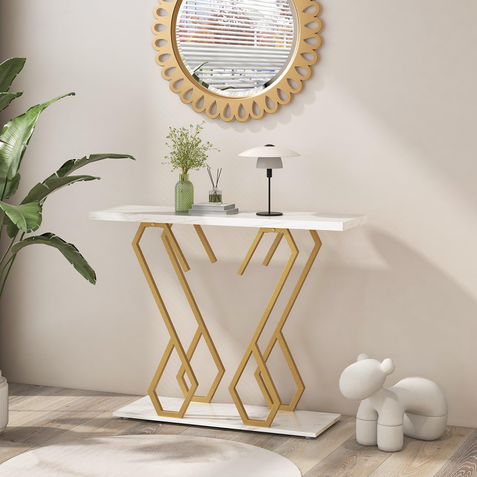 COSTWAY Tavolo Consolle 100cm, Tavolo d'Ingresso con Piedini Regolabili, Kit Antiribaltamento e Struttura in Metallo, Tavolino da Divano per Soggiorno, Ingresso e Corridoio (Bianco e Oro)