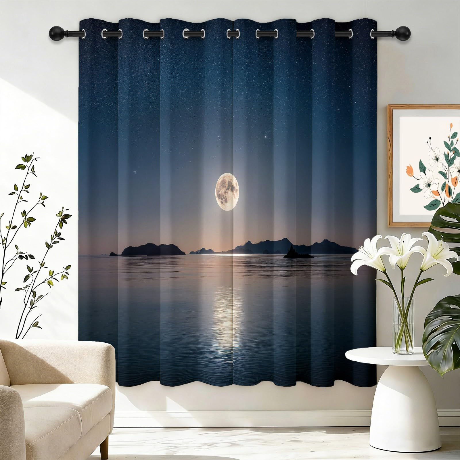 Verdunklungsvorhänge H215 x B110 cm 2er Set, Fotografie ‌Meer‌ Inseln Nachthimmel Vorhang Blickdicht mit Ösen, Vorhänge Wohnzimmer Thermovorhänge Sichtschutz Gardinen für Schlafzimmer, Bunt