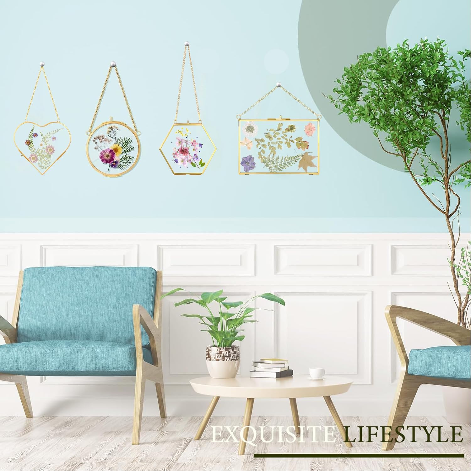 Pressed Flower Frames, Wall Hanging Double Glass Picture Frames with Chain for Dried Flowers Plants Wall Decor,Only Frame and tweezers (Gold-6PCS)