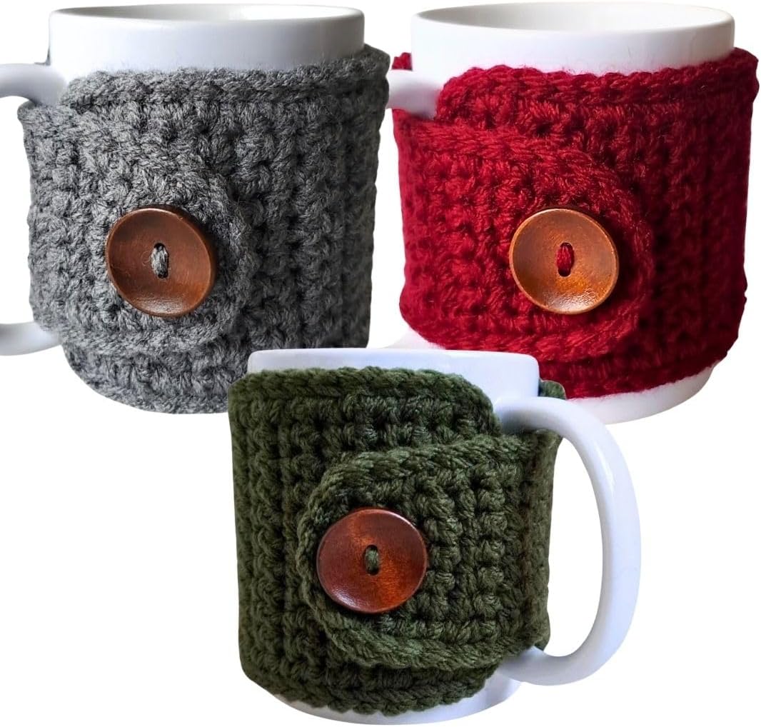 Burgundy, Grey, and Olive Coffee Mug Cozy Sleeves, Tea Cozy Wraps, Covers for 11-ounce Cups,Winter Holiday Cozies