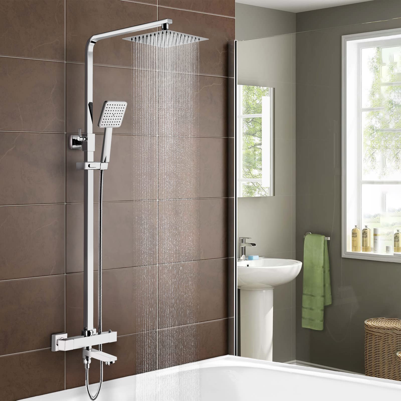 Nes Home Chrome Square Exposed Thermostatic Dual Control Shower Mixer Riser Rail Kit