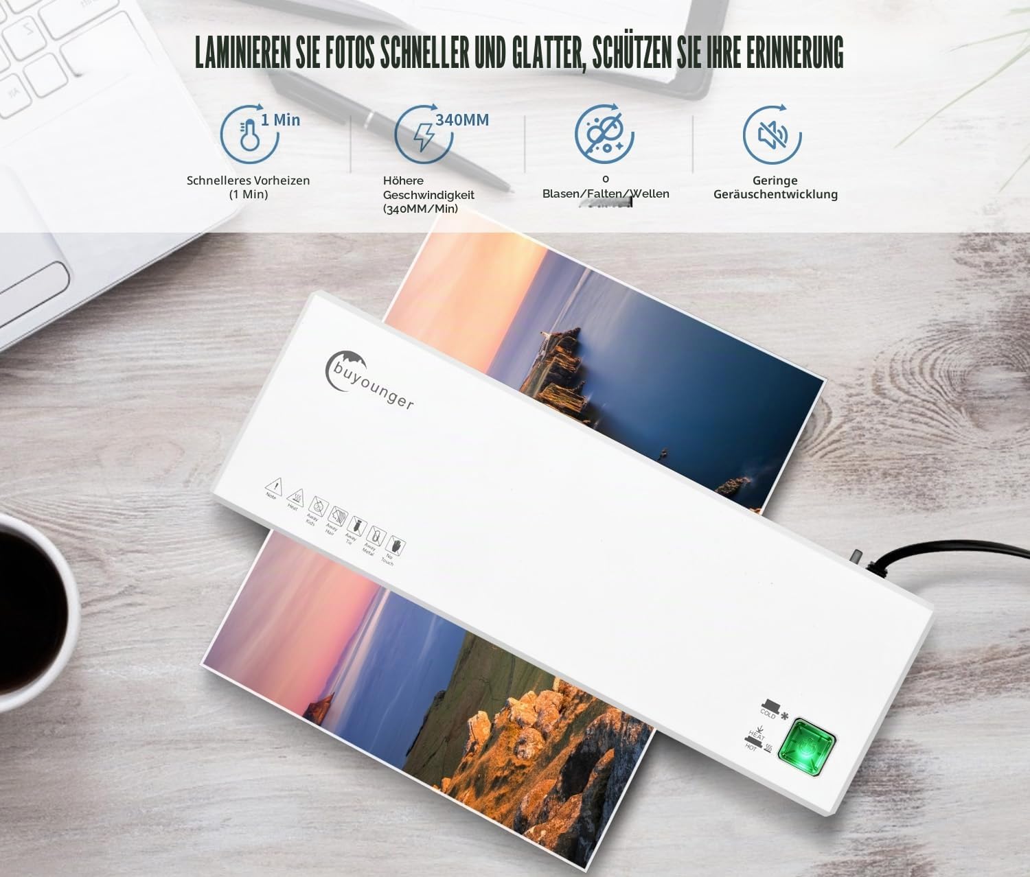 Laminiergerät,Laminiergerät A4 Mit 40Pcs Laminierfolien A4 A5 A6, Buyounger Laminator Mit papierschneider Eckenabrunder FürHeimgebrauch Büro Schule