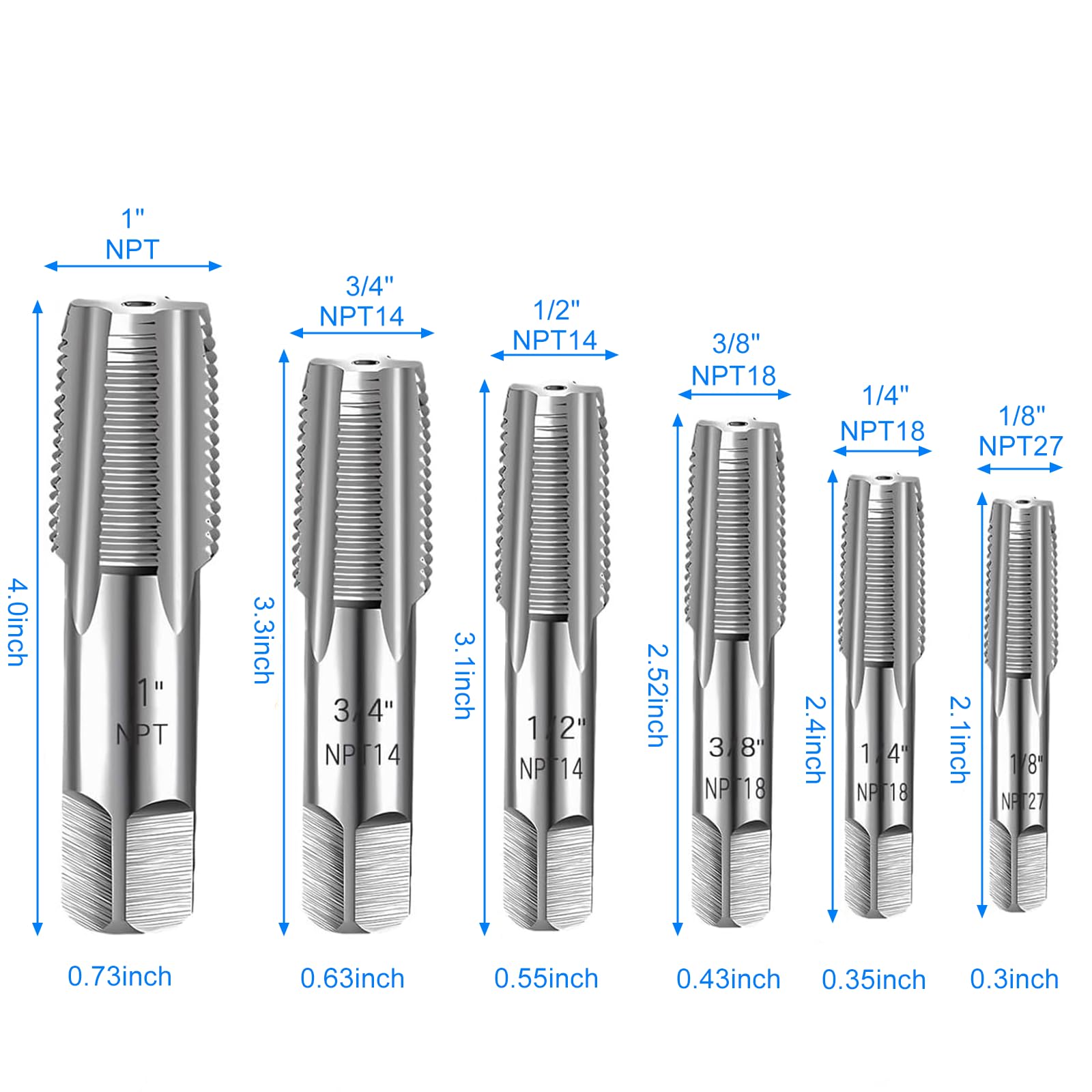 Set di 6 maschi NPT, G1/8", G1/4", G3/8", G1/2", G3/4", G1", G3/4", G1", in acciaio al carbonio, per filettature precise, NPT, set di maschi per tubi diversi meccanici