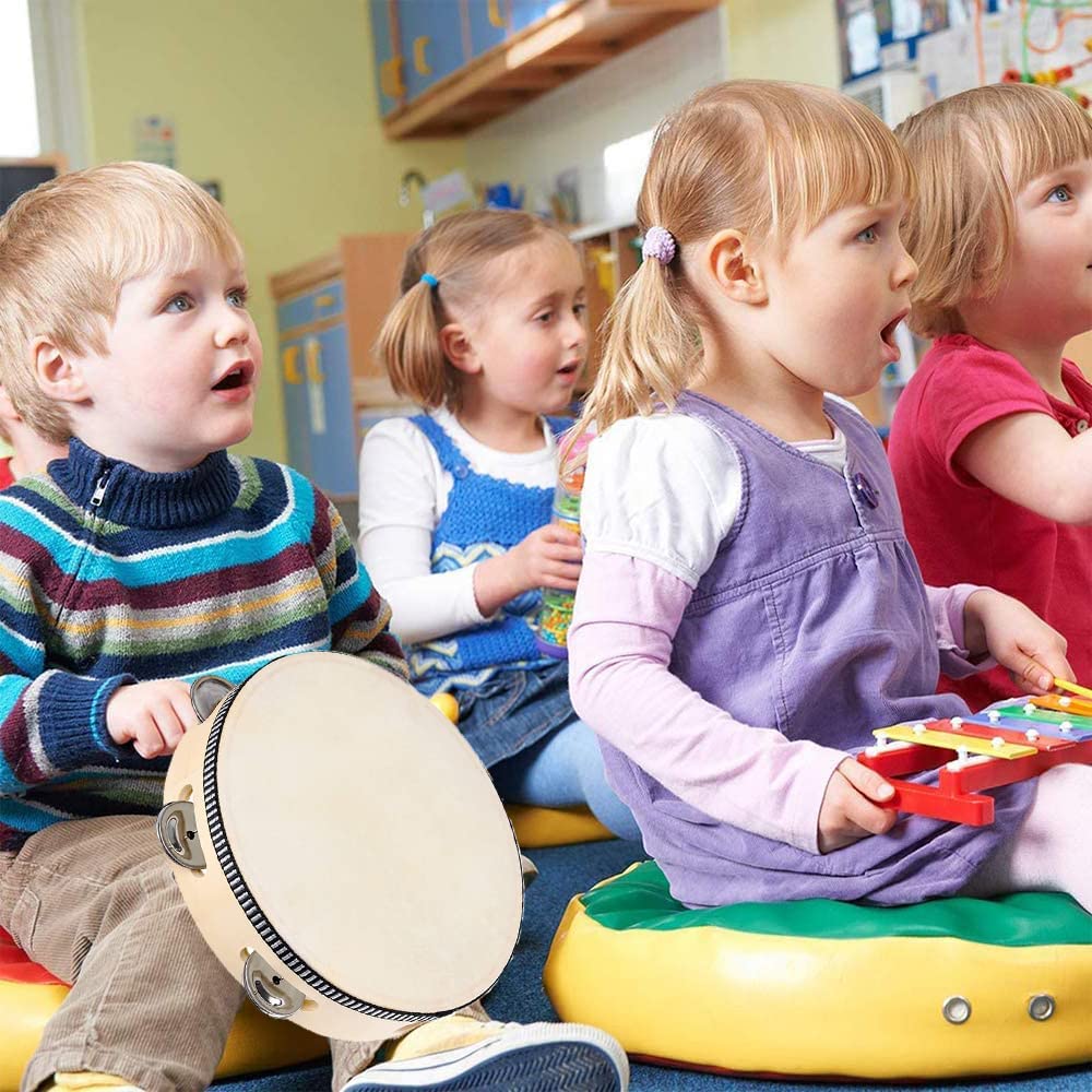 Tambourins Main Bois 2 Pièces - 6 Et 8 Pouces Avec Grelots - Instrument Percussion Enfant Danse