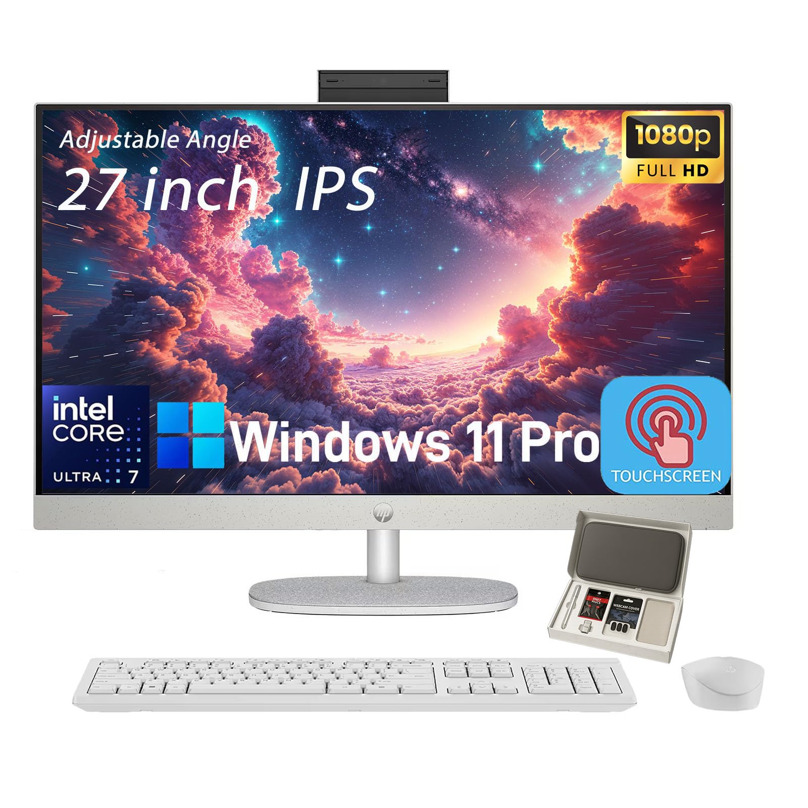 HP 27 Touch Screen All-in-One Desktop Computer PC, 32GB DDR5 RAM, 1TB SSD, Intel 12 Core Ultra 7 155U, FHD IPS Touchscreen, Wireless KB&Mouse, Win 11