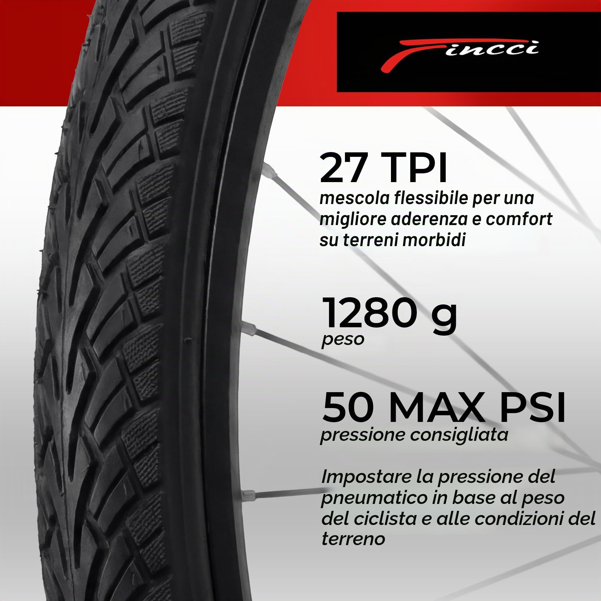 Fincci Pneumatici Bici 26 x 1.95 50-559 Pieghevole con Protezione Forature | Copertone Bici 26x1.95 50-559 con 27 TPI e Protezione Antipuntura 3mm per Pressione Massima 50 PSI - Set da 2