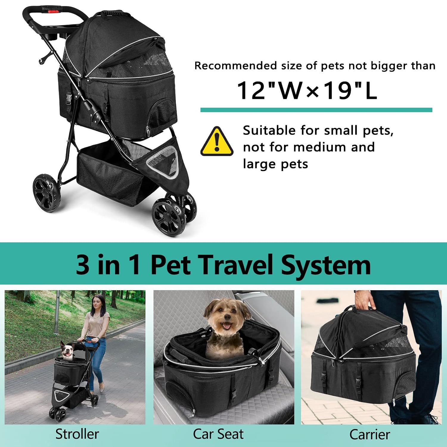 Dog Stroller for Small Dogs Folding 3 in 1 Pet Stroller for Cats 3 Wheels Travel Dog Stroller with Removable Carrier (Black)