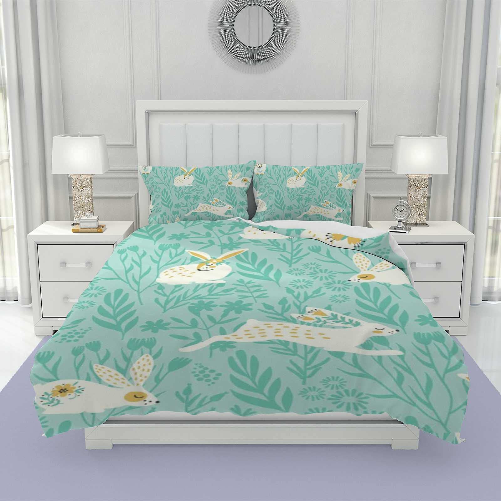Parure de lit durable et douce housse de couette verte lapins