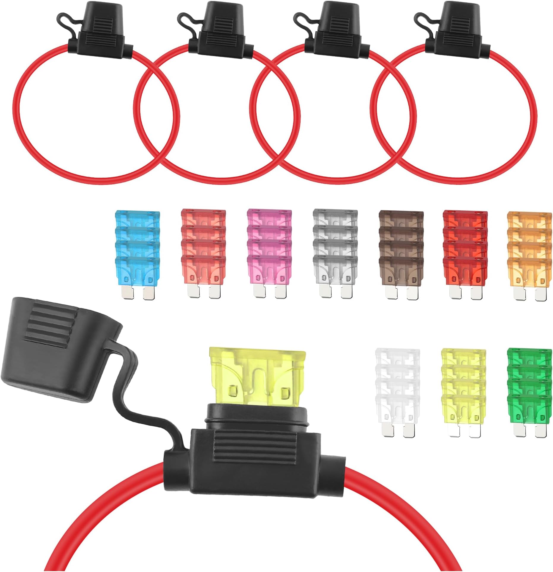 4PCS Fuse Holder,12AGW Inline Fuse Holder 12V with 40PCS Blade Fuses (2A, 3A, 5A, 7.5A, 10A, 15A, 20A, 25A, 30A, 40A-4 of Each),Standard Inline Fuse Car Accessories for Most Cars