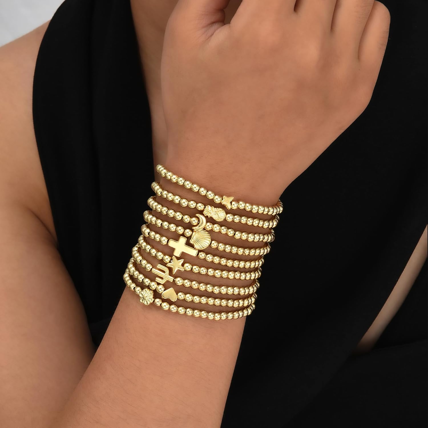 ÌF ME 16 PCS Gold Bead Bracelet for Women, Gold Beaded Stretch Plated Stackable Strand Bead Ball Bracelets stack Adjustable Jewelry Set for Gifts - Image 7