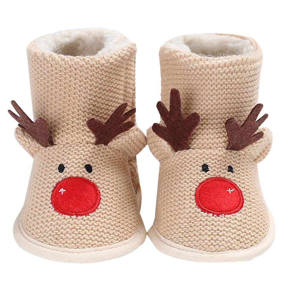 FENICAL Baby Christmas Reindeer Fleece Slipper Booties Shoes Infant Newborn Toddler Winter Warm Sleeper Boots for Baby Girl or Boy 0-12 Months (Size 3 Beige 11cm)