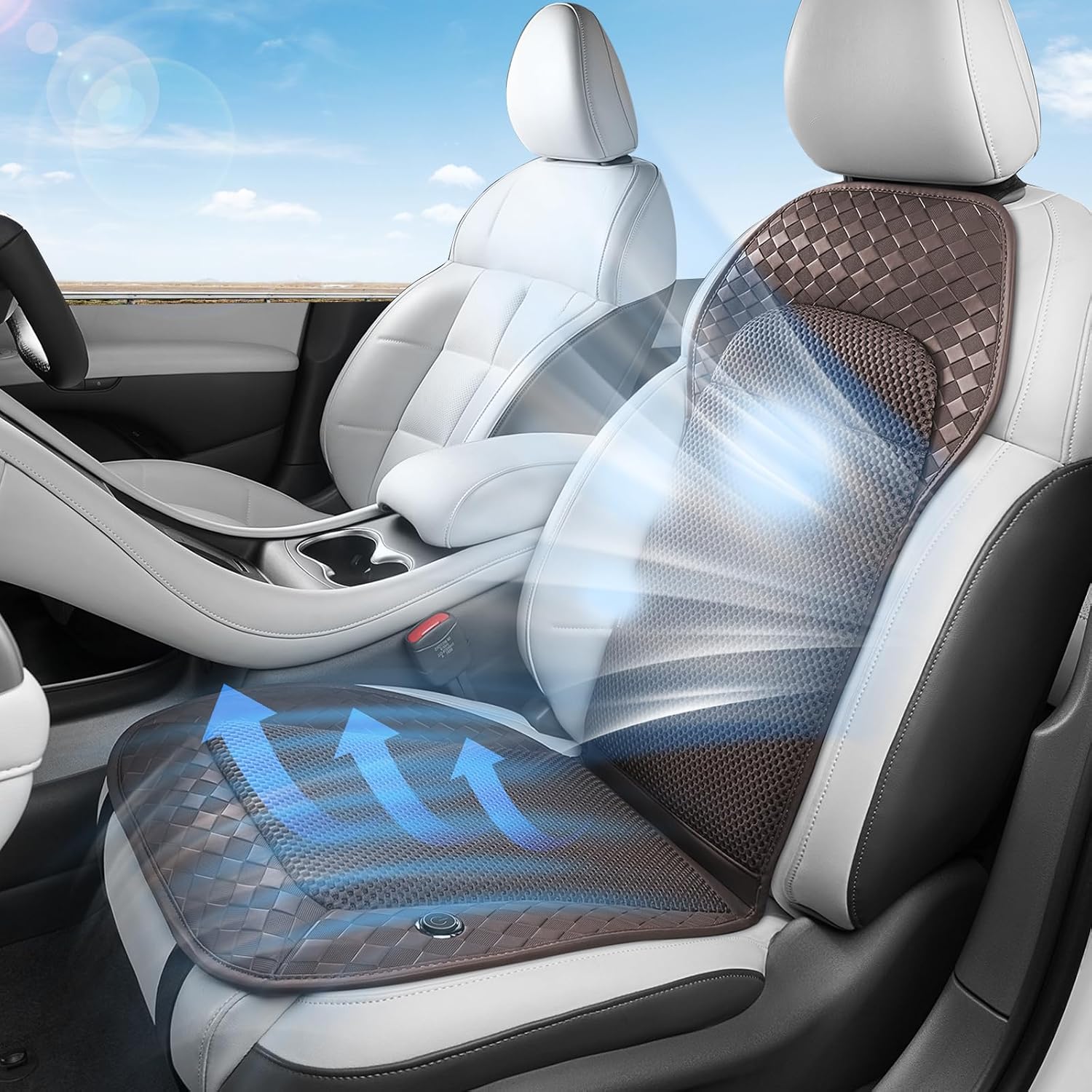 Coverado Summer Ventilated Car Seat Cushion, 12V-24V Dual Blowing & Suction Cooling Pad with 8 Turbo Fans, 3-Speed Adjustable Universal Fit for Car, SUV, Truck & Van - Brown