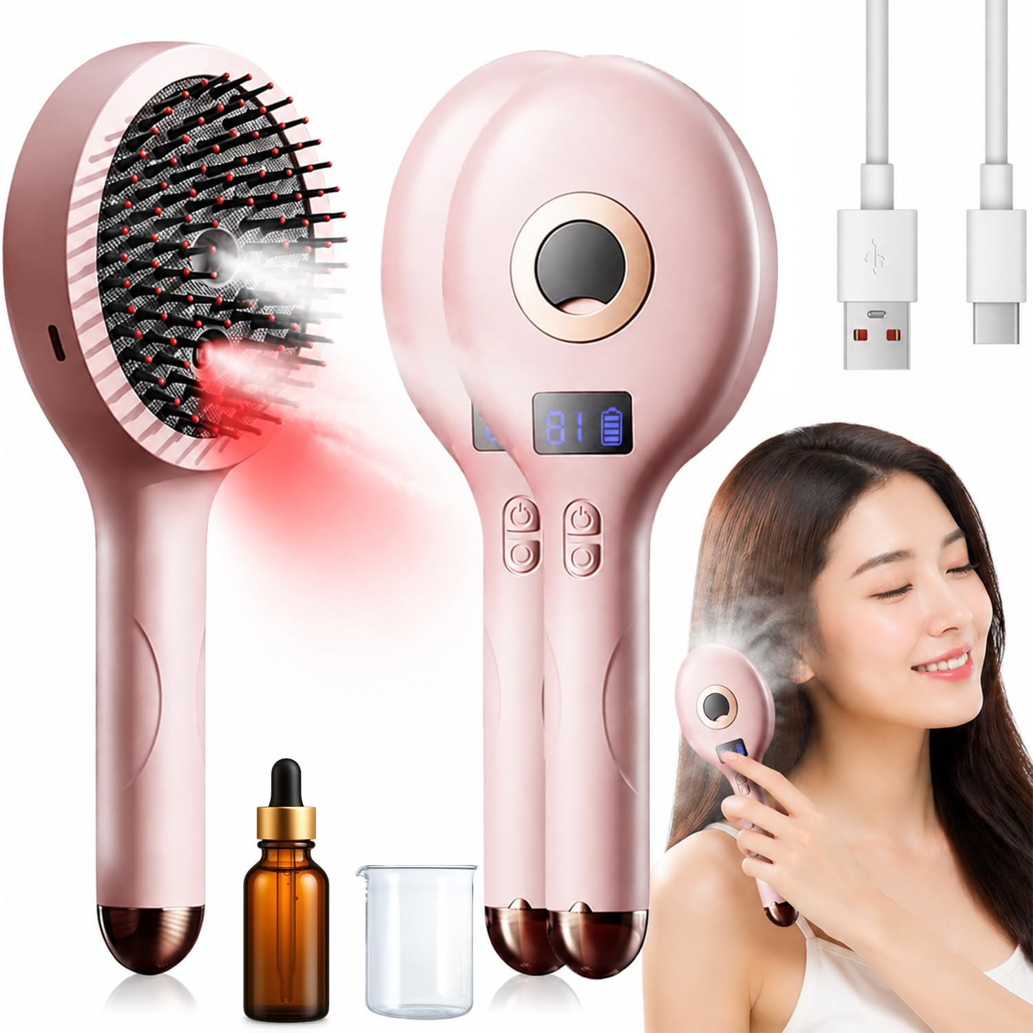 Spazzola Lisciante a Vapore Per Capelli – Piastra e Spazzola 2-In-1 Con Vapore Umido, Districante e Lucidante Per Tutti i Tipi Di Capelli,Ideale Per Capelli Secchi, Crespi o Ribelli (2,rosa)