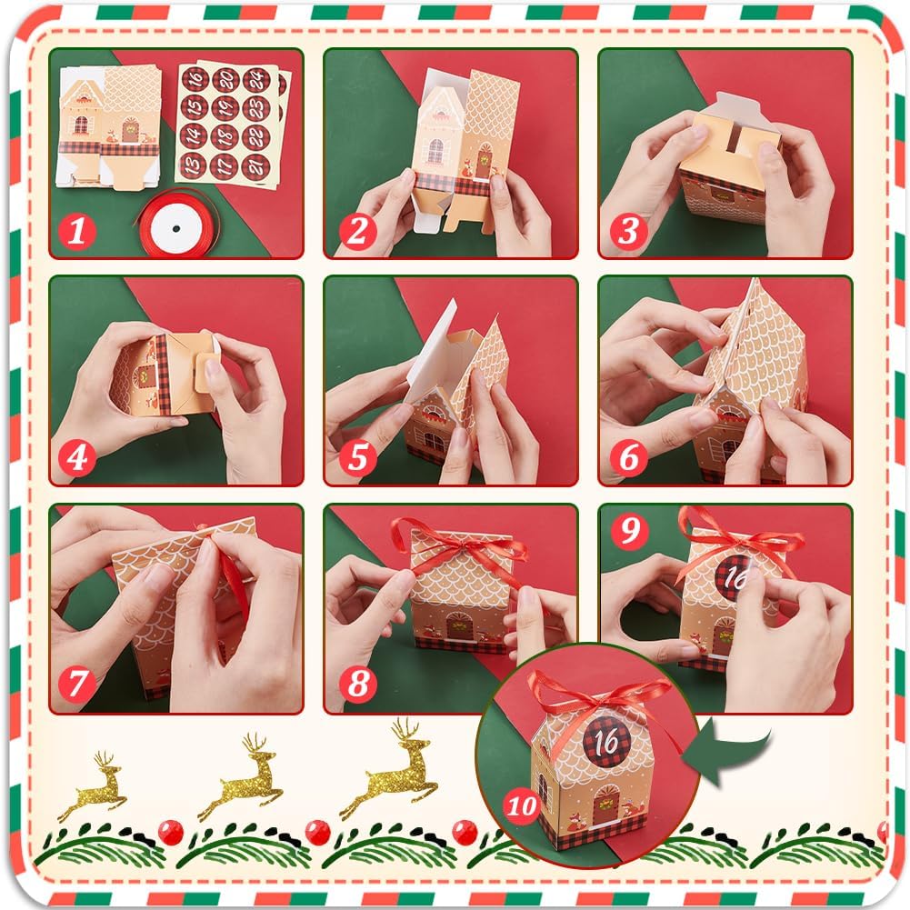 PH PandaHall 24pcs Advent Calendar Boxes Christmas Treat Bags Goodies Boxes Paper Gift Boxes Candy Treat Boxes with Ribbon Stickers for 24 Days Countdown Calendars Holiday Party 2x2.8x4.4 inch
