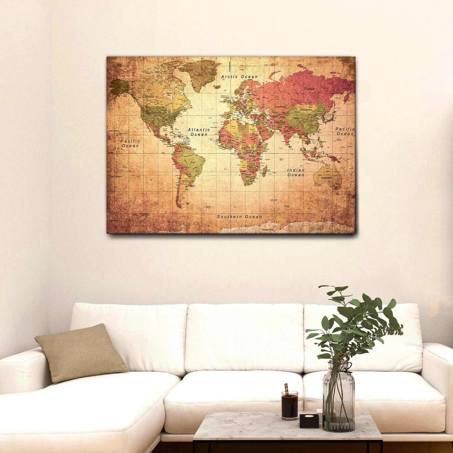 Giallobus - Cuadro - Impresion EN Lienzo - World Map Old - Antiguo Mapa del Mundo - 100 x 140 CM