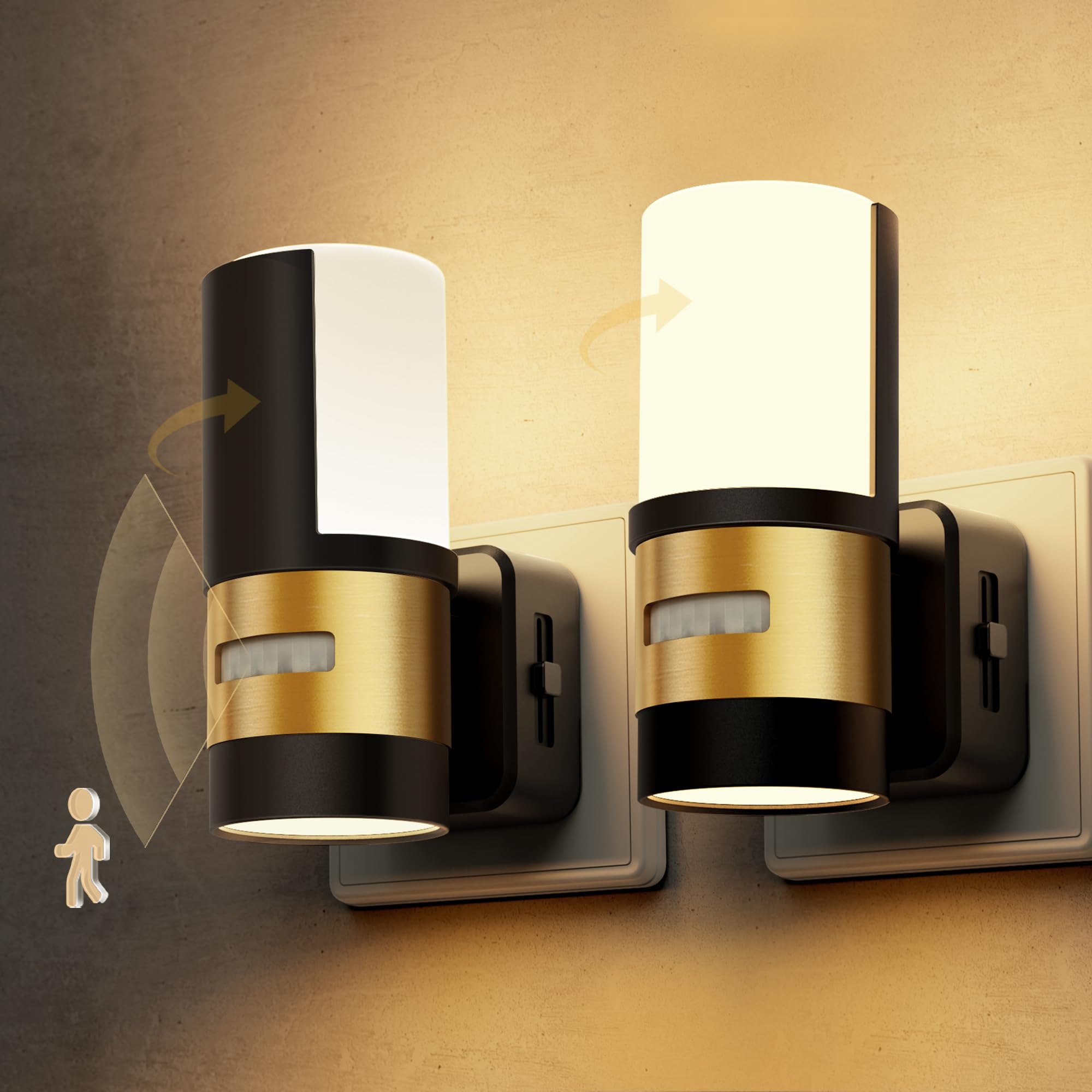 LOHAS-LED Nachtlicht Steckdose, 2 Stück Nachtlicht mit Bewegungsmelder 3000K Warmweiß, 360° Drehbar, Einstellbare Helligkeit 0-100LM für Flur Schlafzimmer Treppenaufgang Kinderzimmer