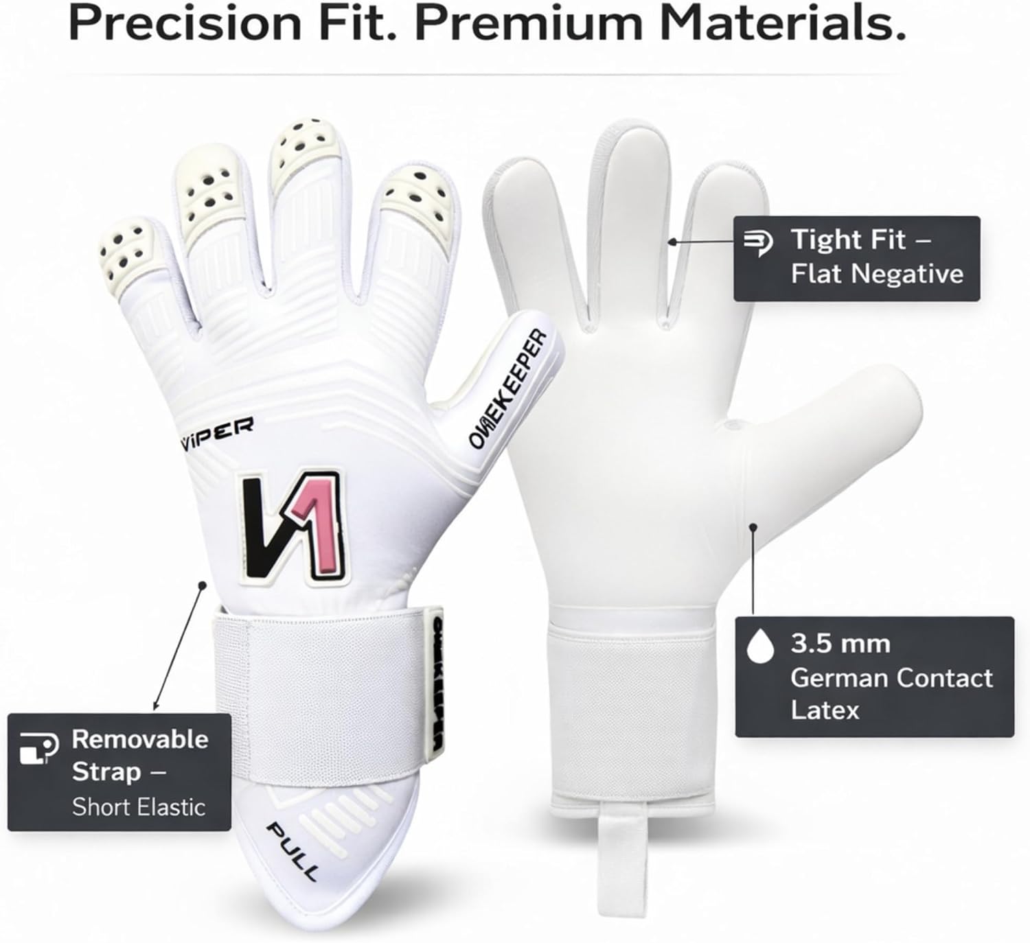 ONEKEEPER Viper Goalkeeper Gloves – Soccer Goalie Gloves for Kids, Youth & Adults – 3.5mm German Contact Latex Grip, Negative Cut Slim Fit, Removable Strap, Black White Gold, Sizes 5–12