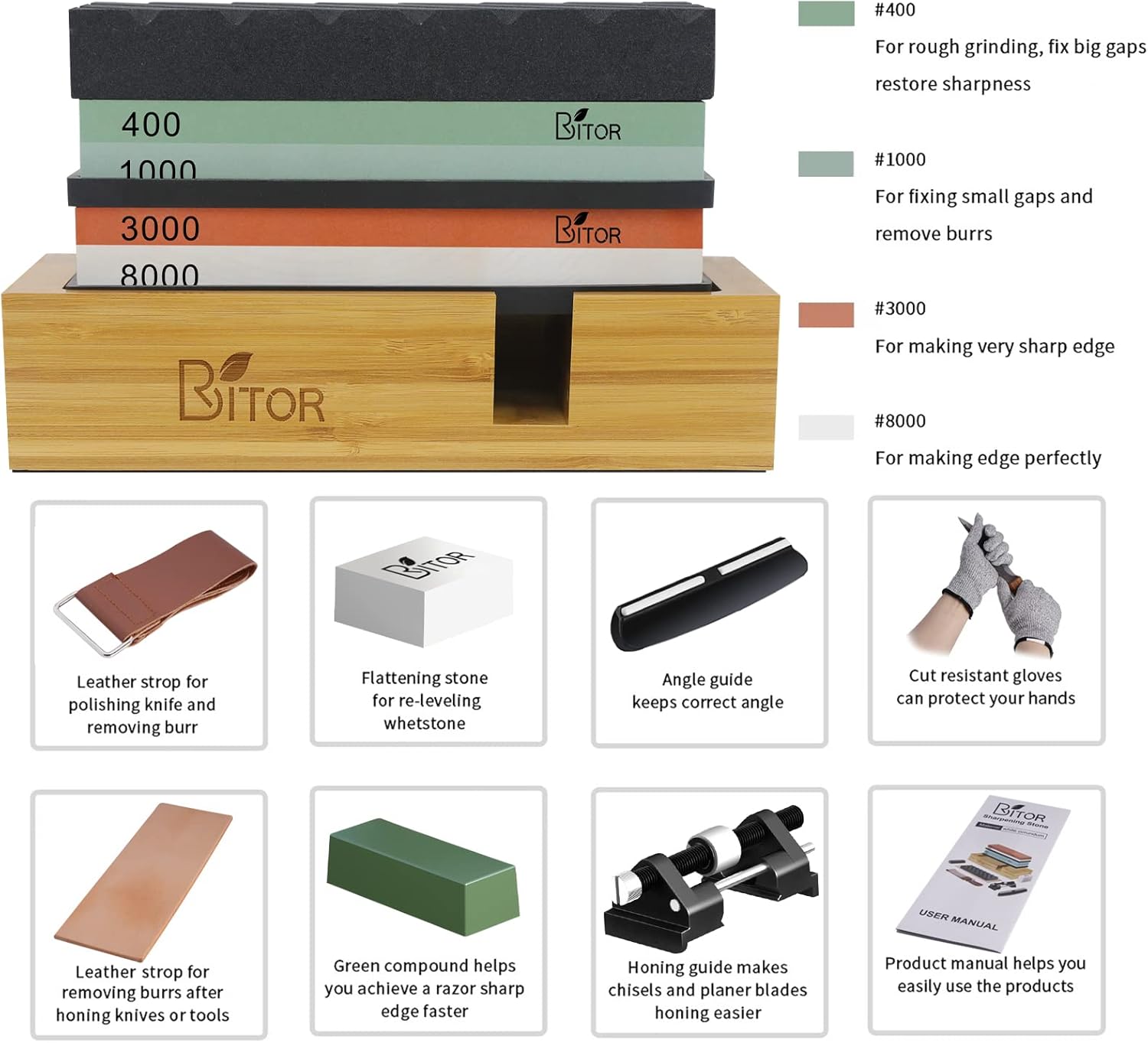Sharpening Stone Kit Whetstone knife sharpener 4 Side Grit 400/1000 3000/8000 Includes Non-Slip Rubber Holder Angle Guide Leather Strop and Gloves