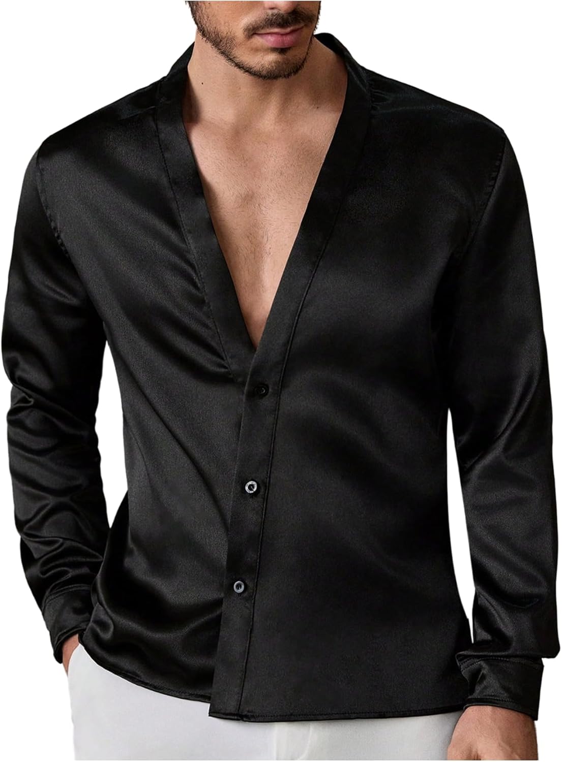 Floerns Men's Wedding Long Sleeve V Neck Shirts Shiny Satin Prom Party Club Shirts