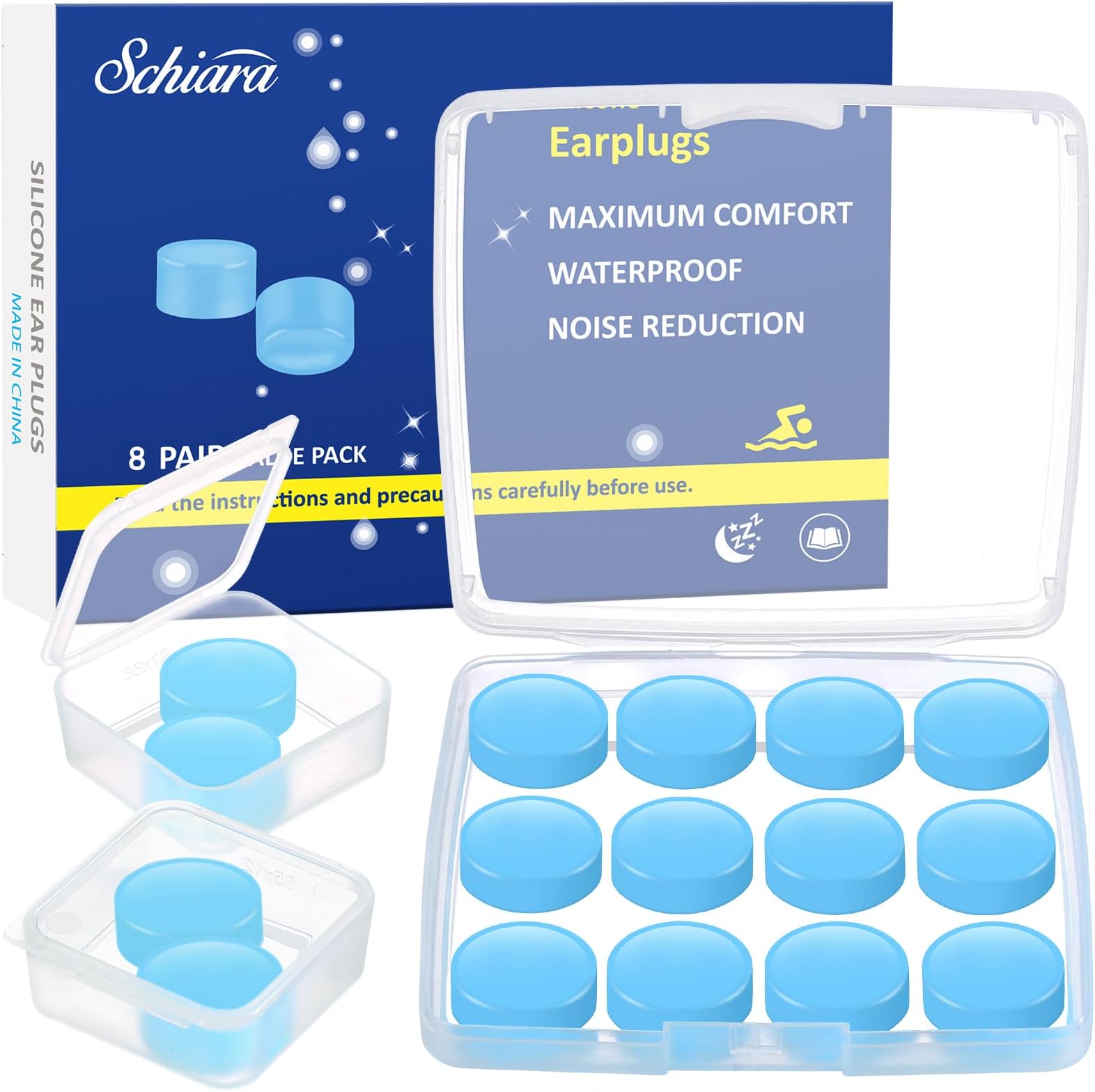 Schiara Ear Plugs for Sleeping, 16 Moldable Noise Cancelling Silicone Earplugs for Swimming, Snoring, Sleep and Studying