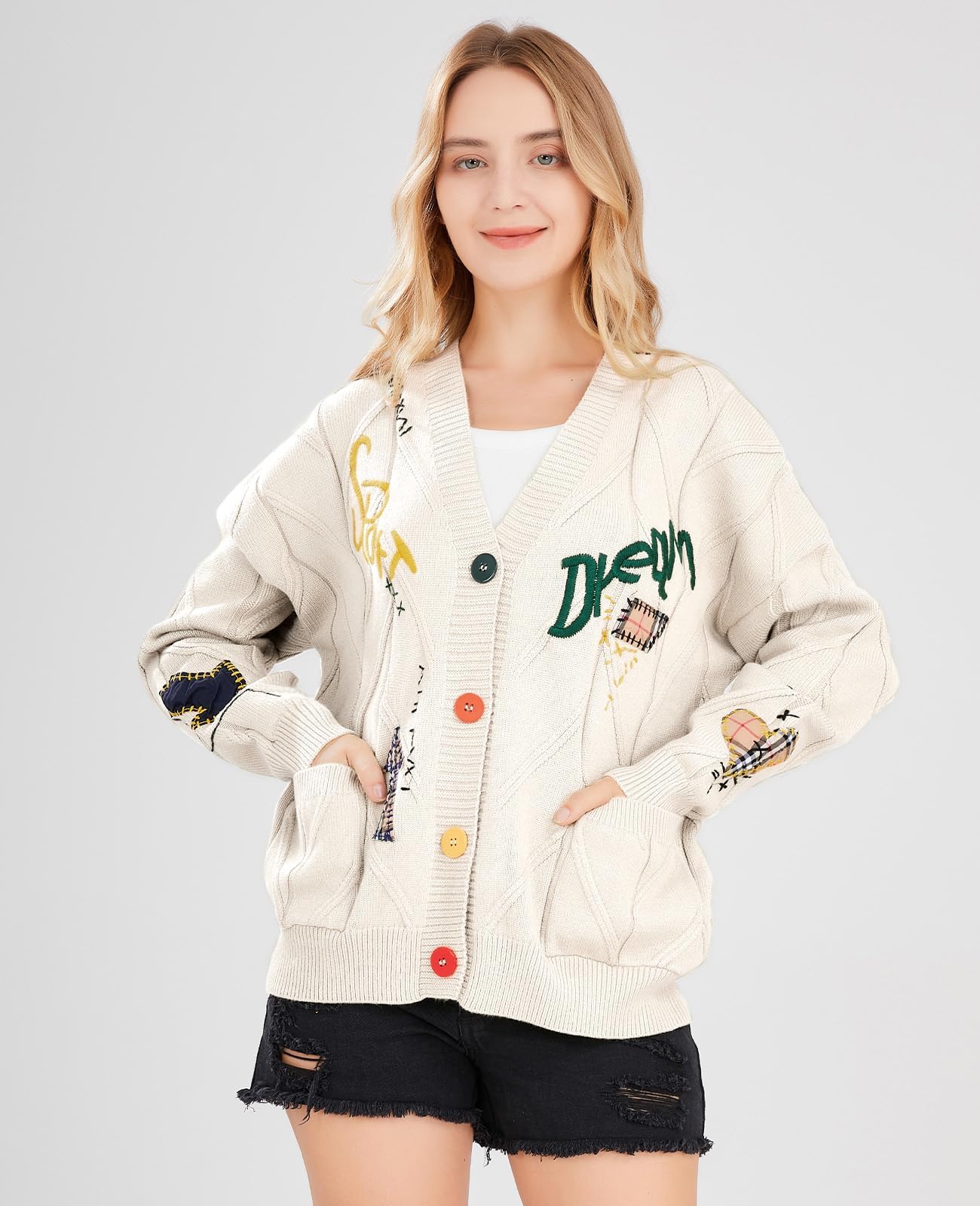 Cárdigan de punto trenzado para mujer, manga larga, frente abierto, oveja, cuello de pico, botones, bordado, mezcla de lana, abrigo para exteriores
