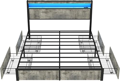 Miniatura 9 de SADENICEL Base de cama de tamaño matrimonial con cabecera de almacenamiento, plataforma de metal, marco de cama matrimonial de madera con 4 cajones,