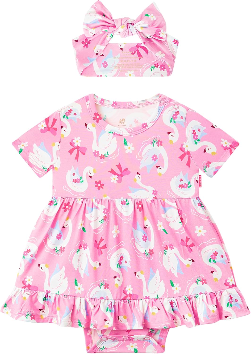 Infant Baby Girl Bodysuit Dress with Hairband Set, Bamboo Viscose Summer Clothes Outfit
