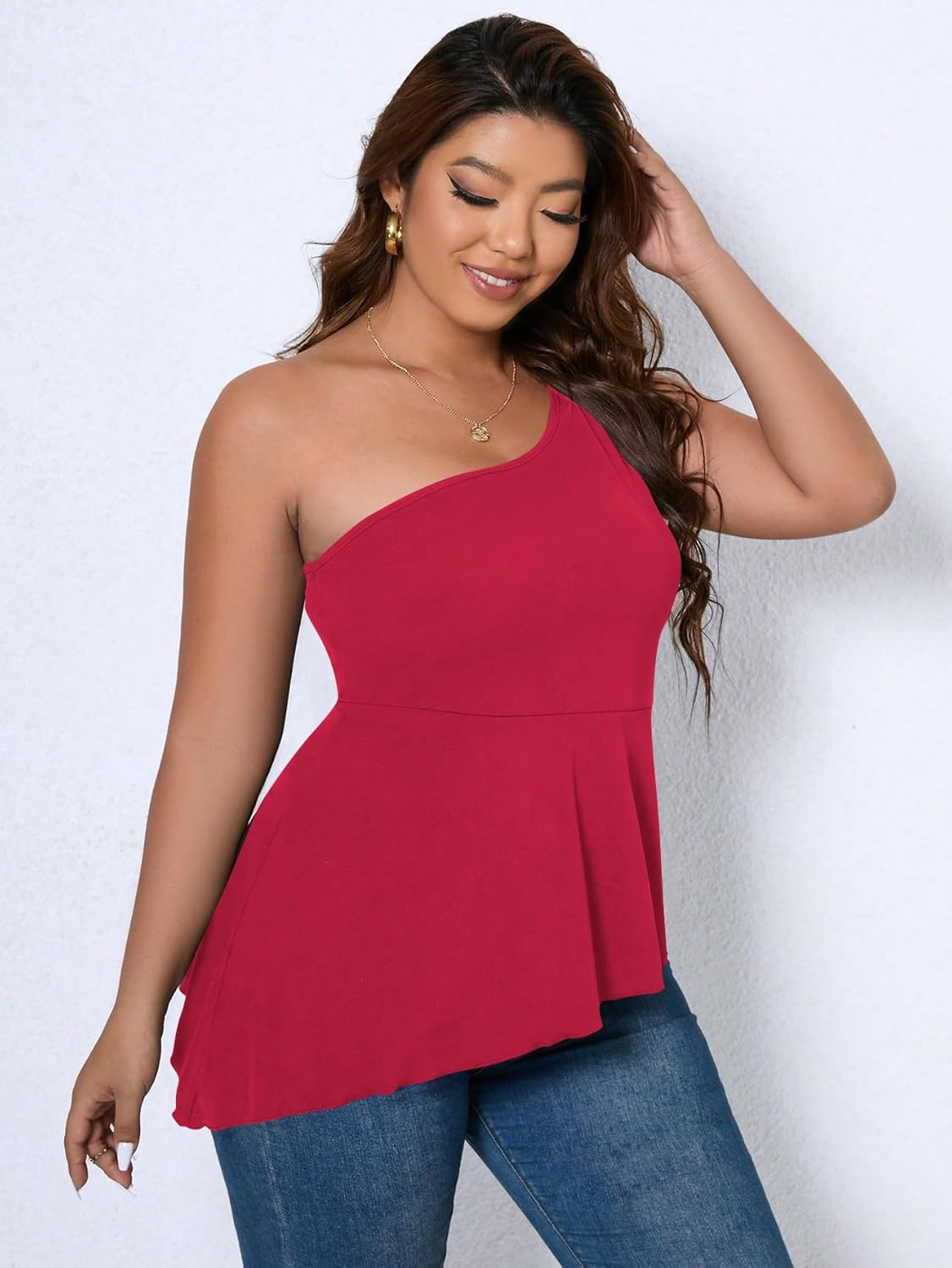WDIRARA Women's Plus Size One Shoulder Asymmetrical Neck Sleeveless Flare Hem Peplum Top - Image 3