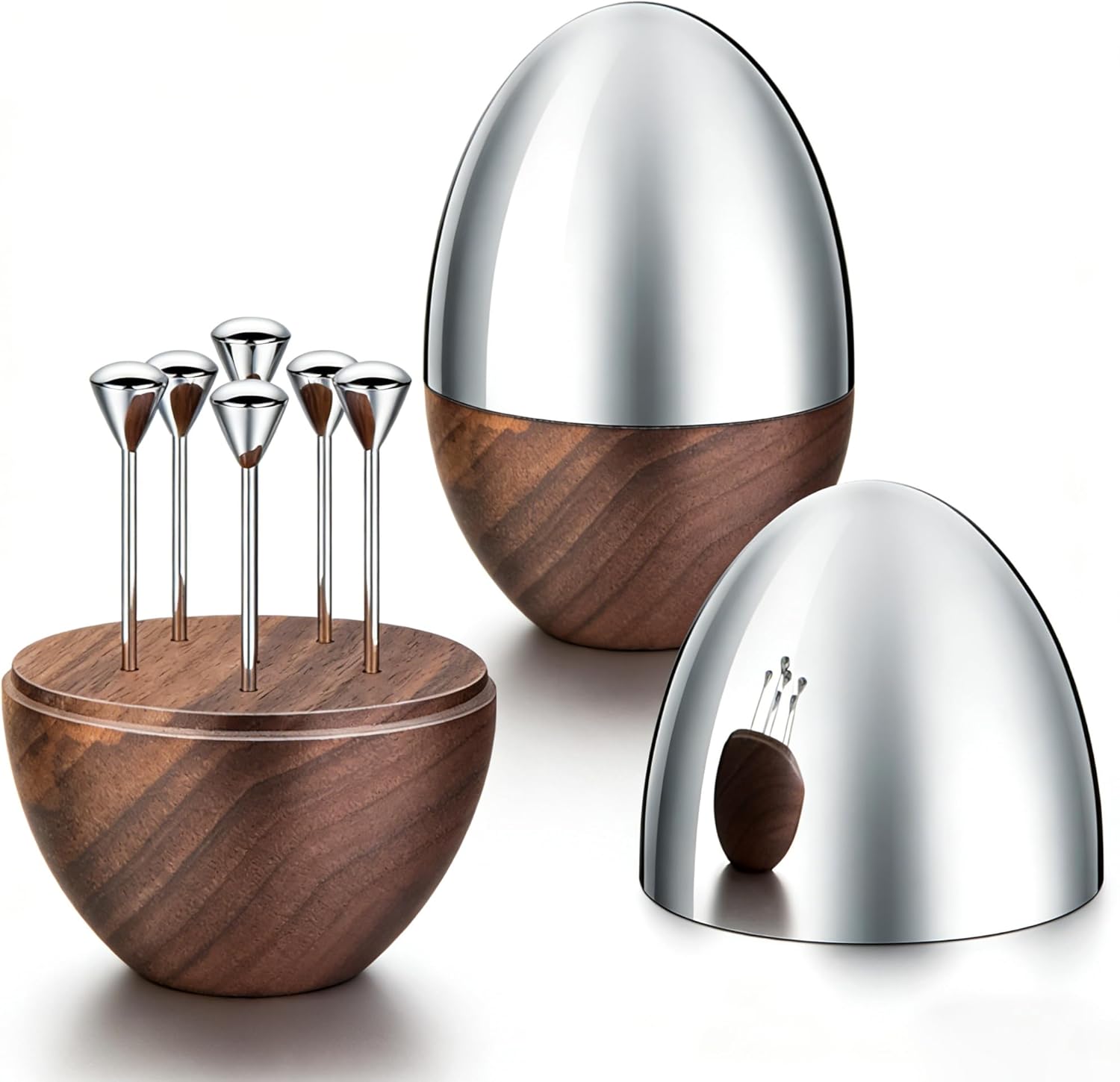 Egg-Shaped Fruit Fork Set – Stainless Steel Dessert Forks with Teak Wood Base, Appetizer Fork Holder for Cheese Board, Party Serving, Rustproof & Elegant