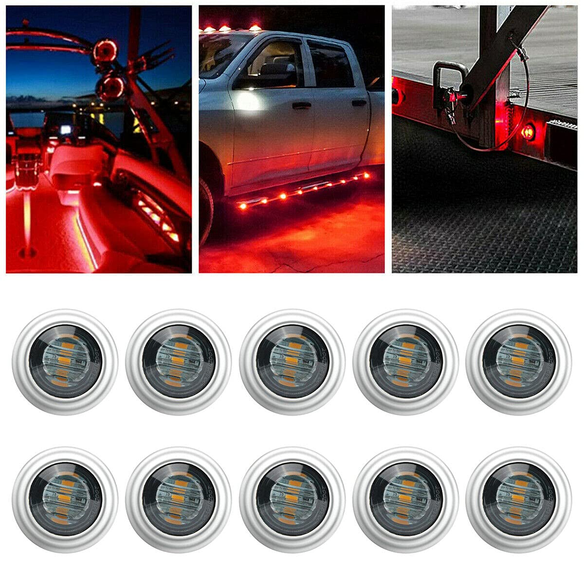 10 PCS 3/4” Smoked Round Clearance LED Front Rear Side Indicator Bullet Marker Light With Stailness Base for Truck RV Car Bus Trailer Van Caravan Boat (12V, Red)