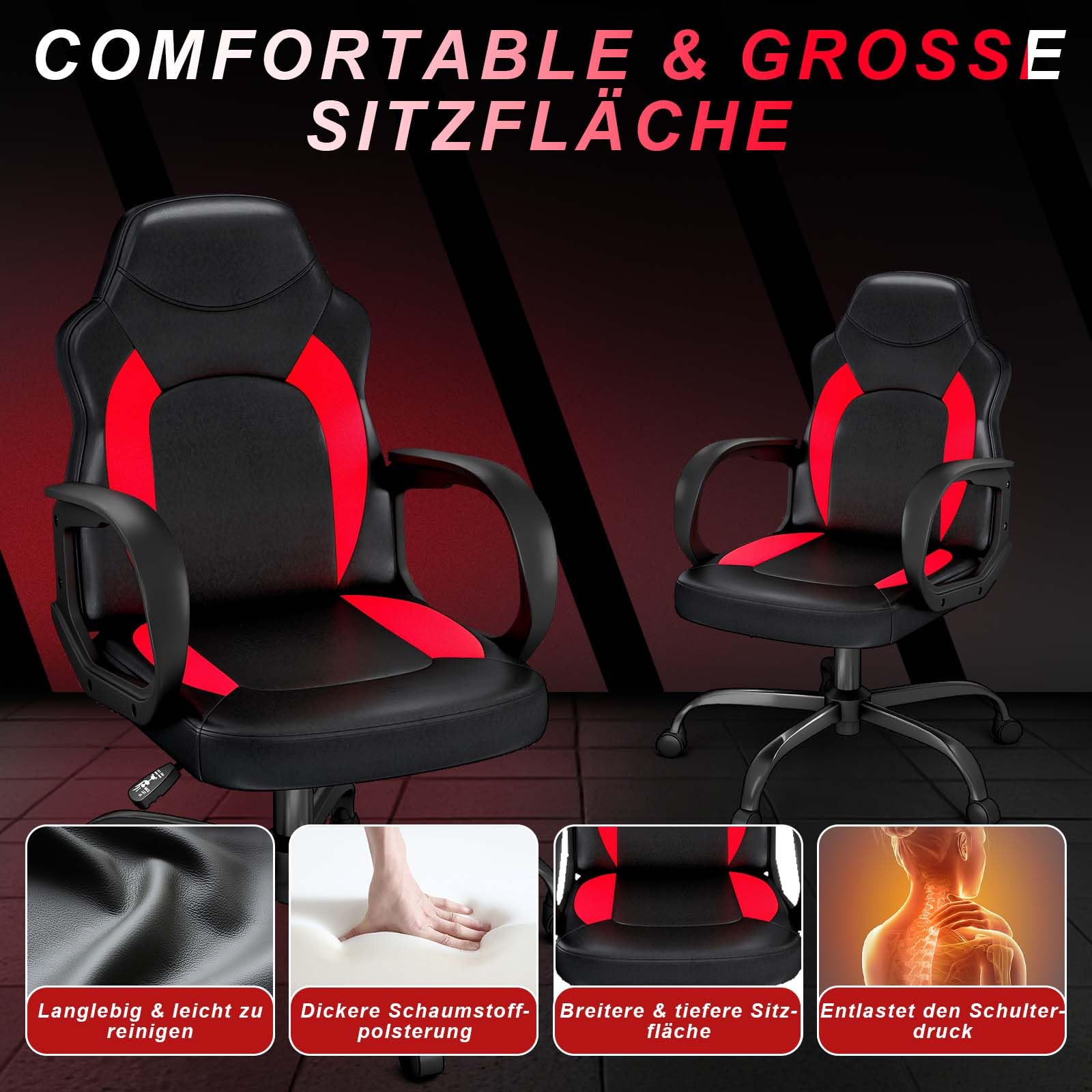 AnyGod Sedia Gaming, Sedia Da Computer Ergonomica Con Supporto Lombare, Altezza Regolabile, Ruote Girevoli, Adatta Per Casa, Ufficio, Adulti, Adolescenti, Bambini E Giocatori, Rossa