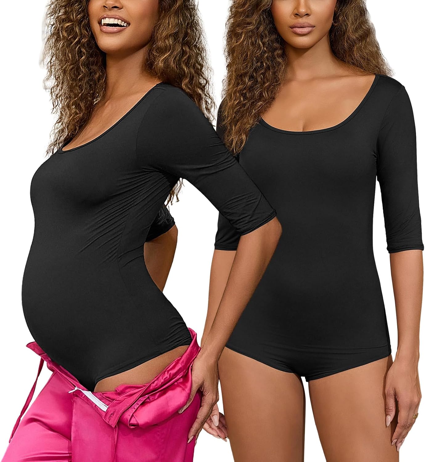 Maternity Bodysuit Scoop Neck 3/4 Sleeve Stretchy Basic Leotards Top Trendy Going Out Body Suits for Women