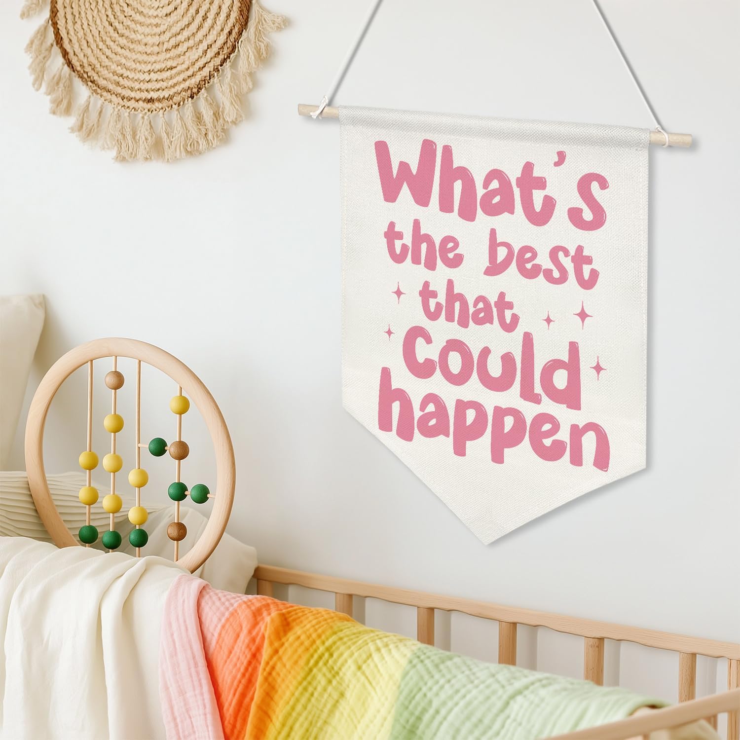 Motivational Quote Canvas Wall Banner – What’s the Best That Could Happen,Retro Pink Inspirational Poster, Wall Hanging Canvas Flag with Wooden Rod for Teen Girl Room, Dorm, Office, Classroom Decor, 11x16 Inch(KD06)