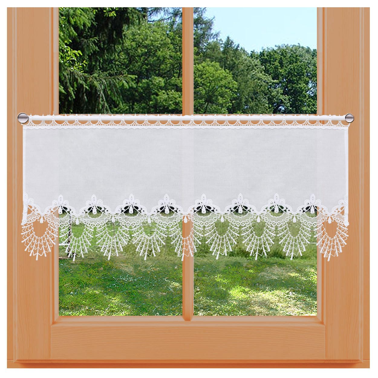 Feenhaus-Scheibengardine Nastja aus Vogtländischer Spitze - Landhaus-Scheibenhänger mit Fächerspitze weiß | klassische Spitzengardine handgefertigt | rustikal-moderne Bistro-Gardine HxB 35 x 106 cm