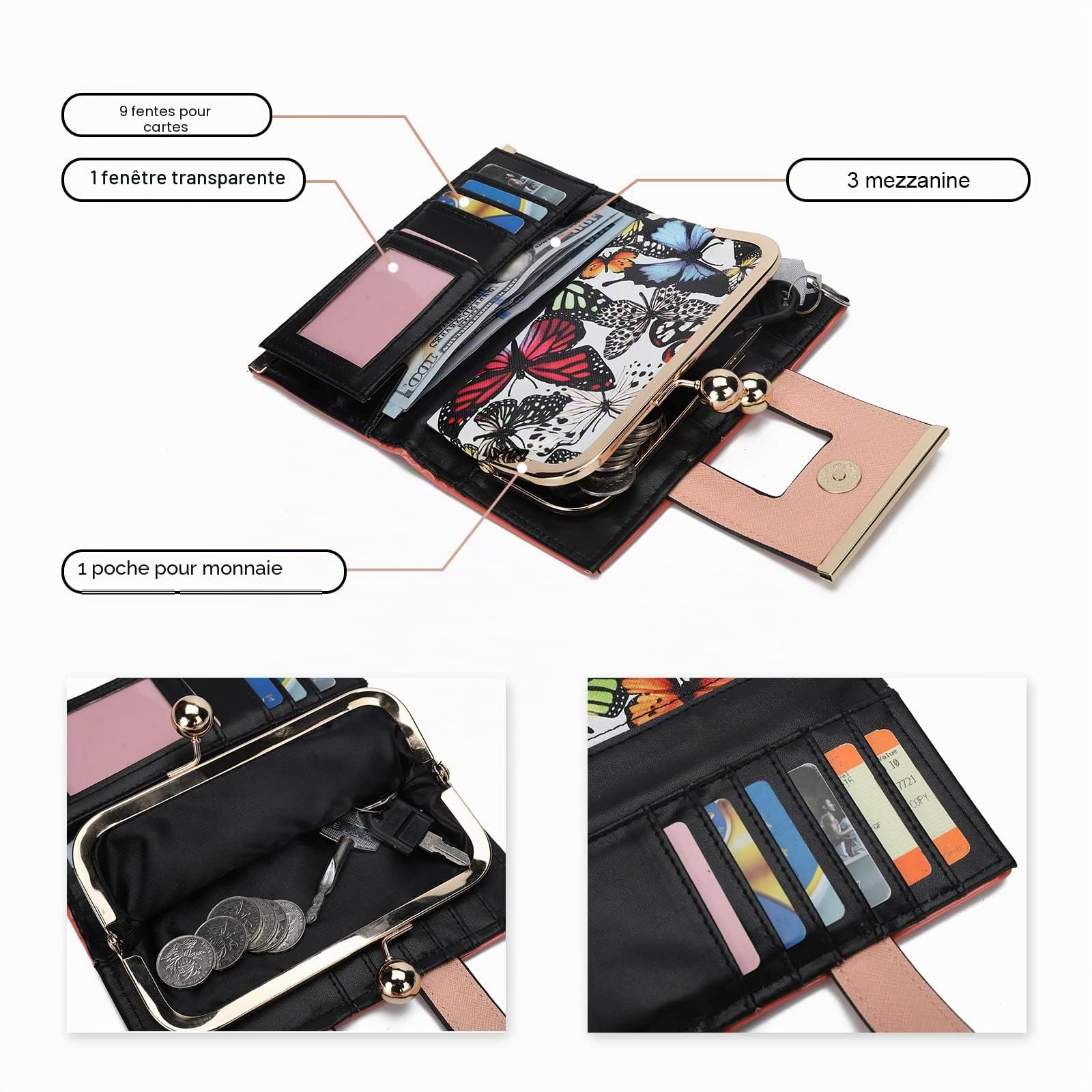 Gladdon Portefeuille Femme Élégant, 10 Emplacements Cartes avec Fenêtre Transparente, Fermoir Métallique, Poche à Pièces, Sac de Soirée, Motif Papillon sur Fond Blanc
