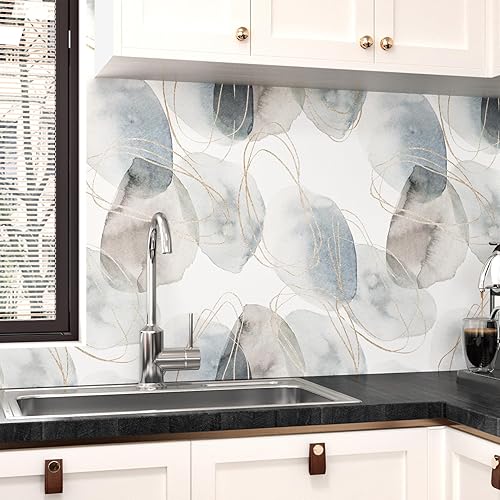 Miniatura 7 de WESTICK Papel tapiz abstracto gris dorado moderno, papel tapiz de acuarela extraíble, papel de contacto bohemio, papel de contacto blanco abstracto