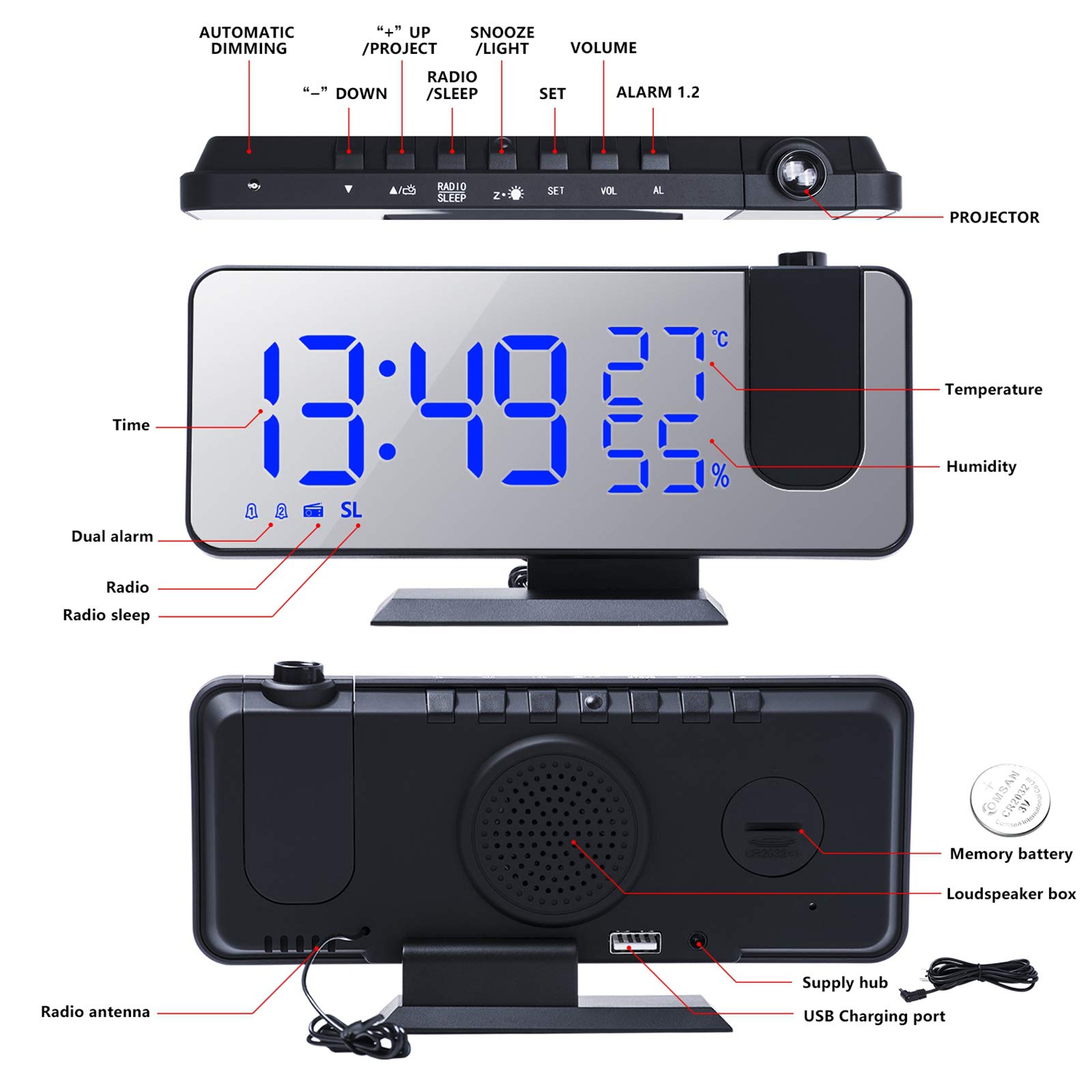 rockible Reloj Despertador Digital Proyector de Pared con Pantalla LED de 7.3pulgadas Incorporado Control de Volumen y Digital