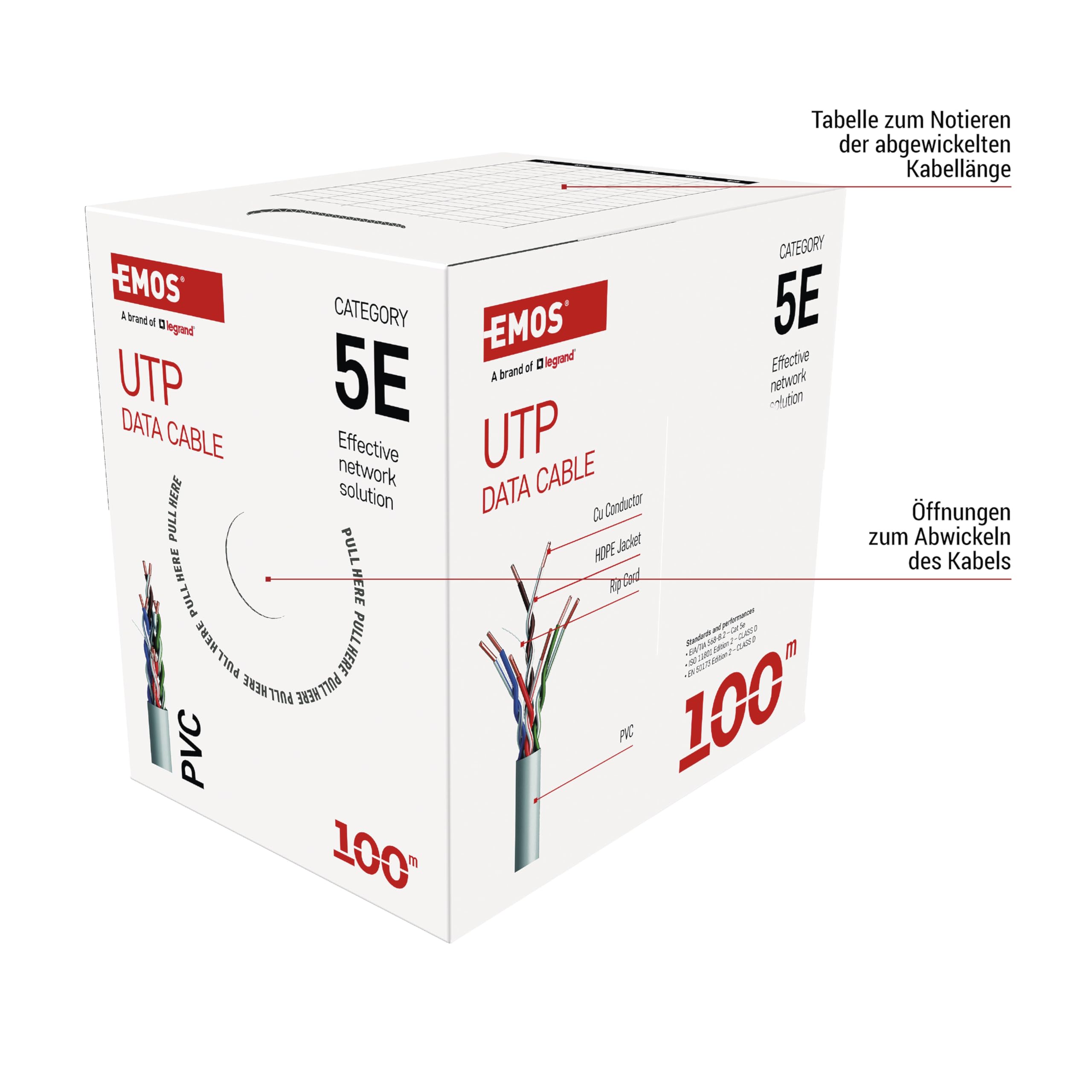EMOS - Cavo di rete UTP CAT 5e, 100 m, PVC - Cavo patch UTP CAT5e - Filo Cu- Cavo LAN Gigabit - Cavo Ethernet non schermato - per interni