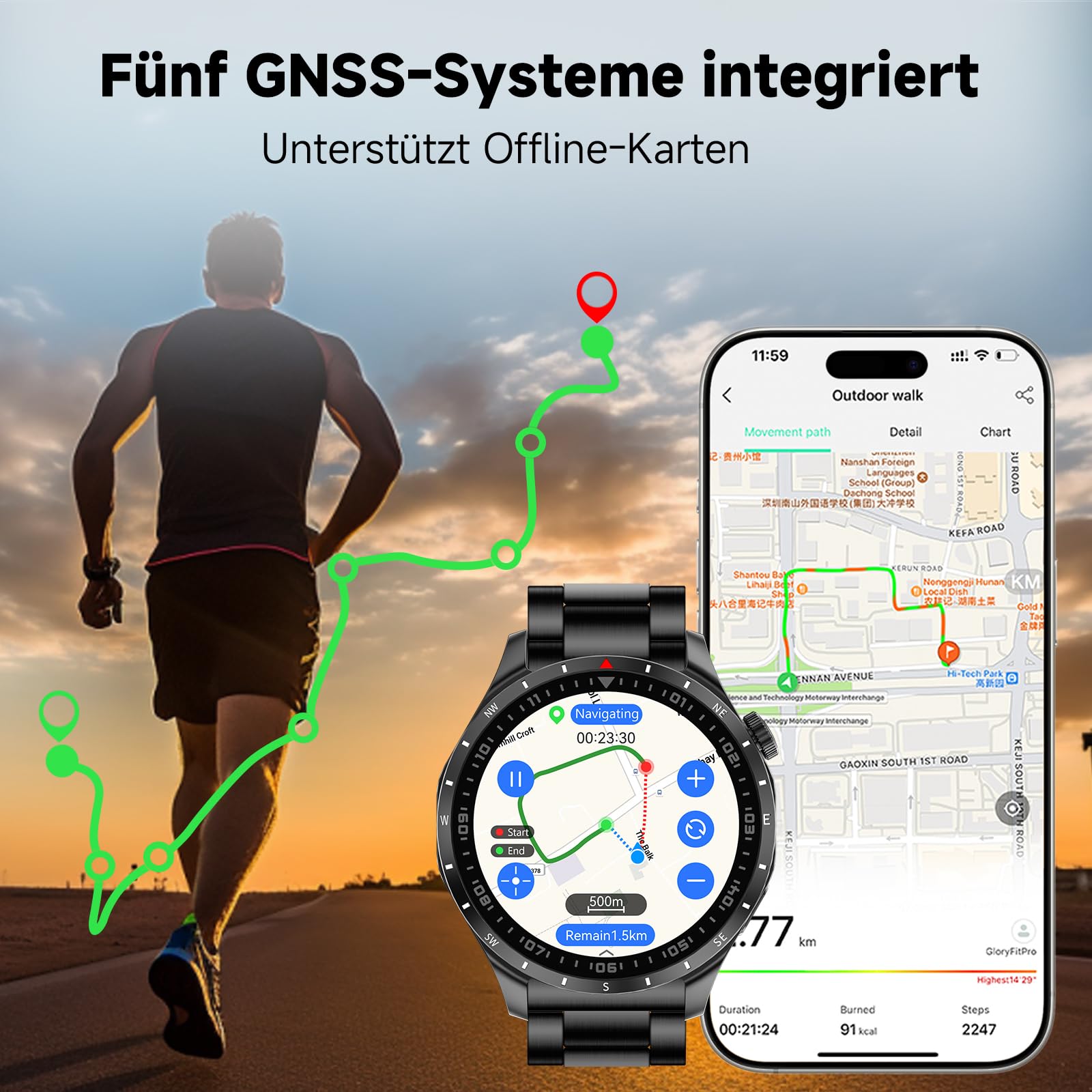 Smartwatch Herren GT 5 44mm Smart Watch,1,43" AMOLED GPS & kostenloses Kartenmaterial, 7 Tage Akku, Fitness Tracker mit 100+ Sportmodi, Wasserdicht für Android & iPhone
