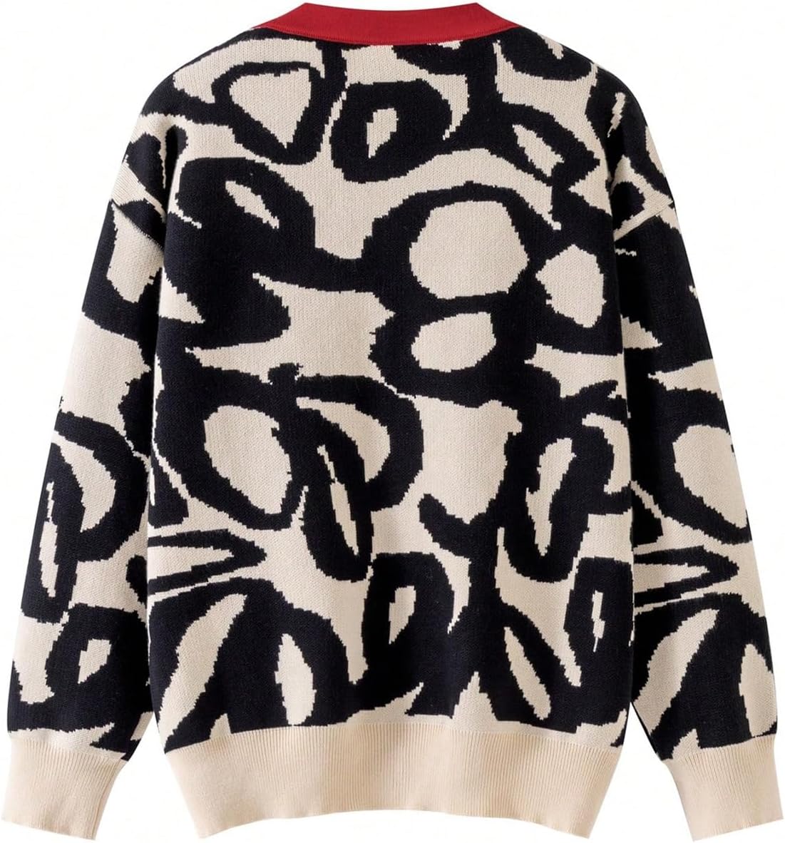 WDIRARA Women's Graphic Print Button Up Cardigan Sweater V Neck Long Sleeve Contrast Knit Outerwear - Image 2