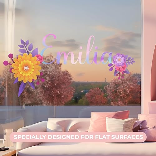Miniatura 3 de Calcomanías de pared personalizadas con nombre y flores, diseño de arco iris, decoración de habitación para dormitorio, calcomanías de flores para