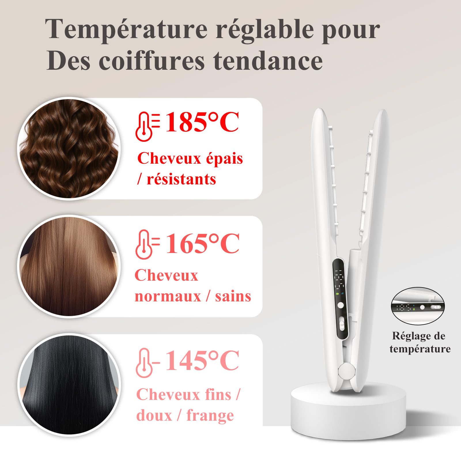 Lisseur Sans Fil, Lisseur Boucleur Cheveux 2 en 1, Mini Lisseur de Voyage sans Fil Rechargeable USB, Lisser Portable Utilisable Pendant la Charge, 3 Niveaux de Température, Affichage LCD